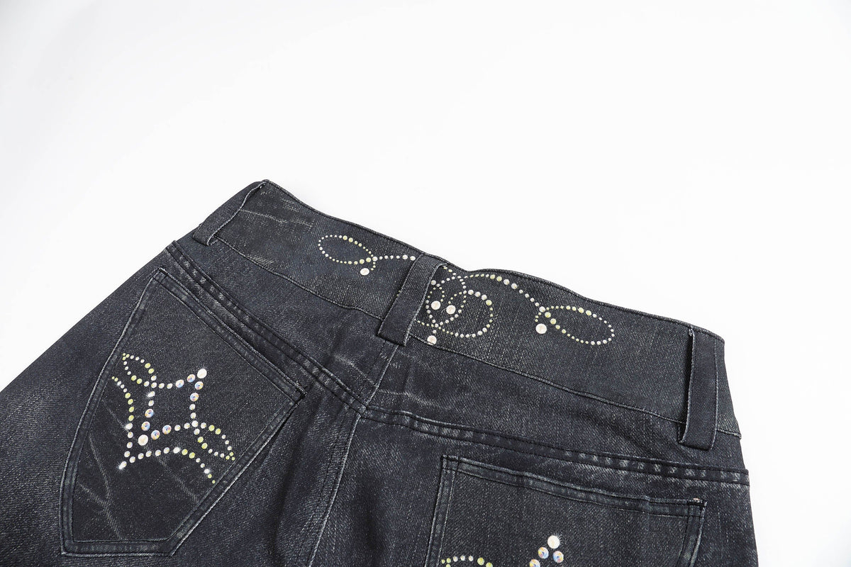 FAYCHUI Retro Gemstone Floral Flared Low-Rise Jeans