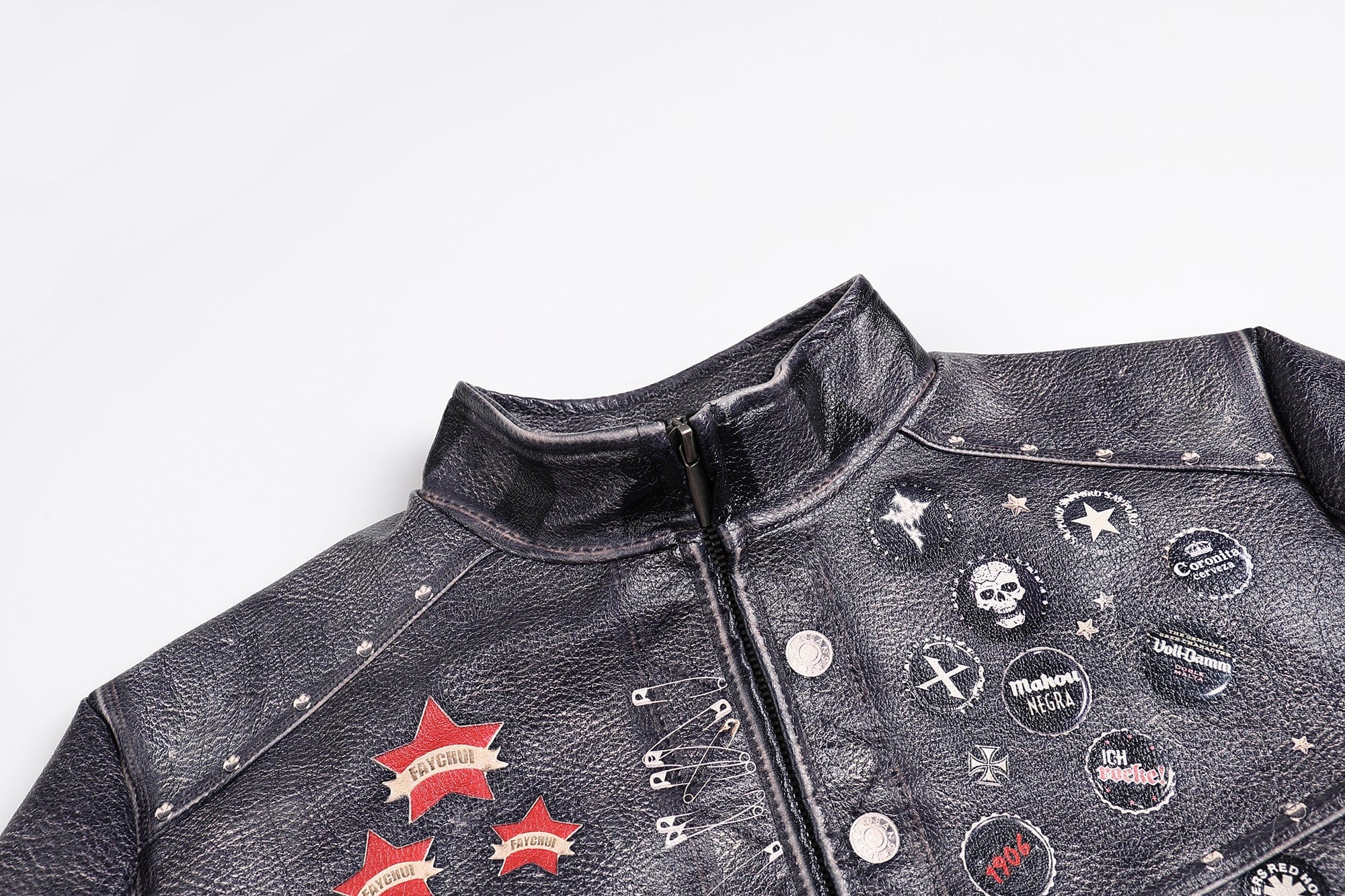 FAYCHUI Full-Print Faux Leather Biker Jacket