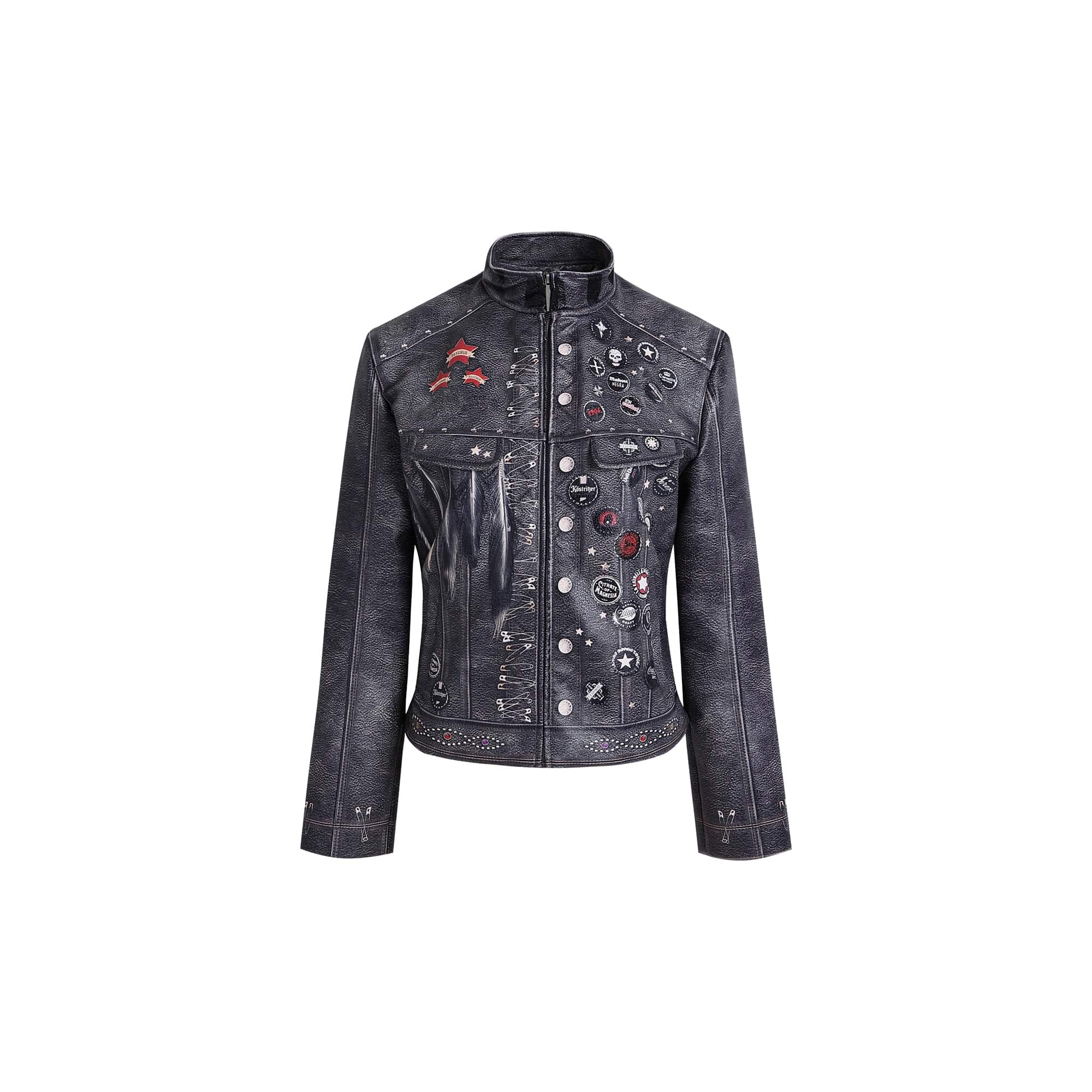 FAYCHUI Full-Print Faux Leather Biker Jacket
