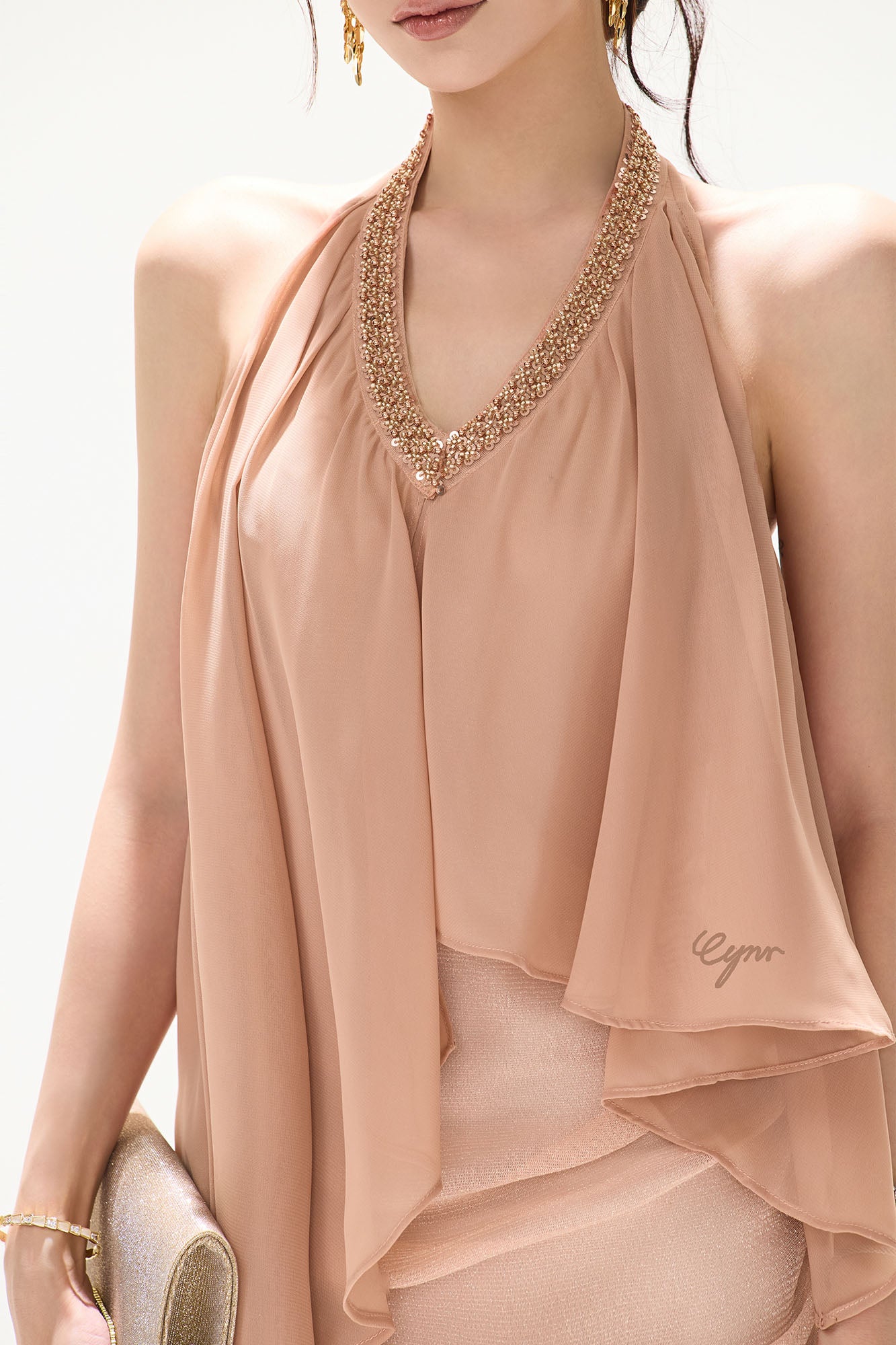 CYNR Embellished Halter Draped Mini Dress