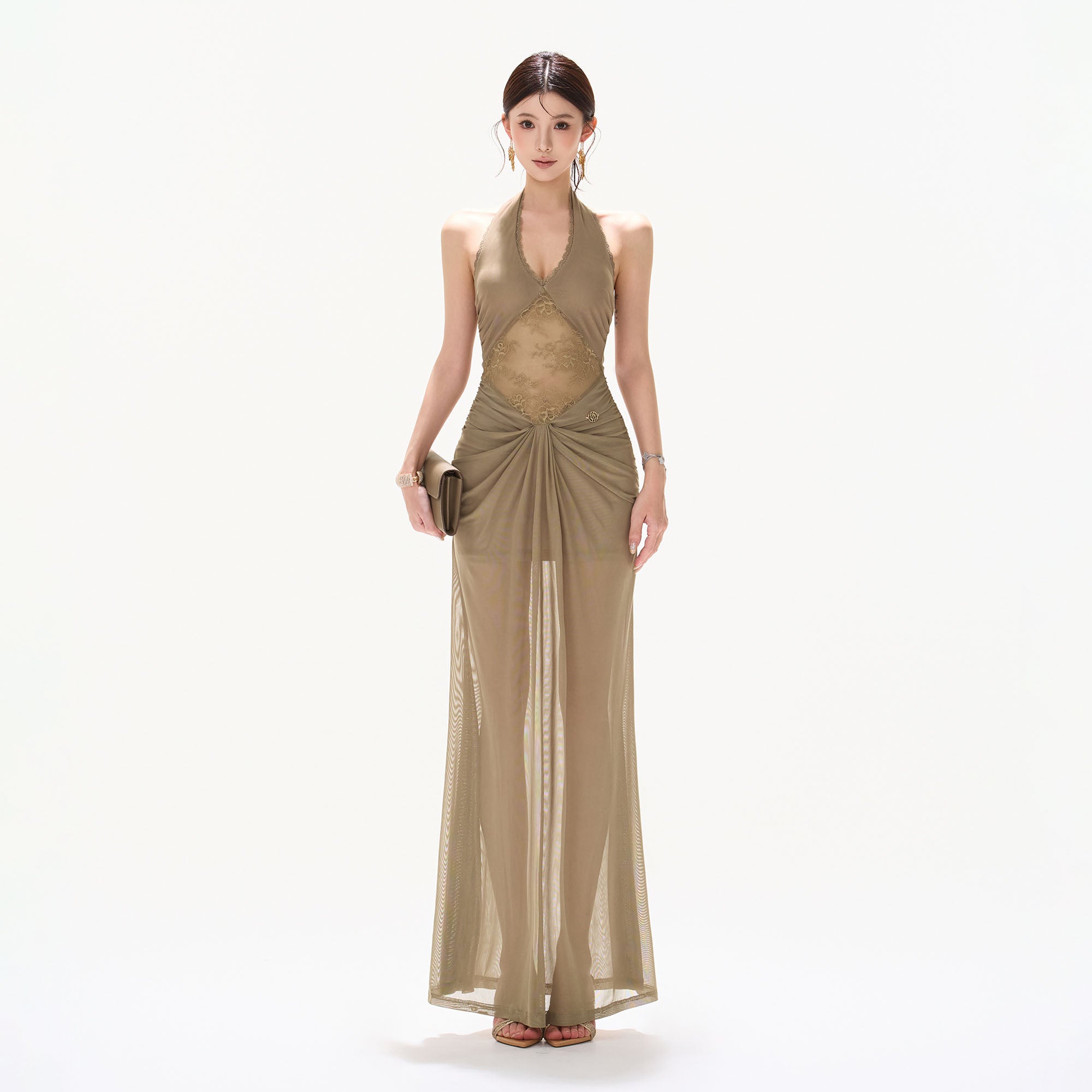 CYNR Draped Sheer Halter Maxi Dress
