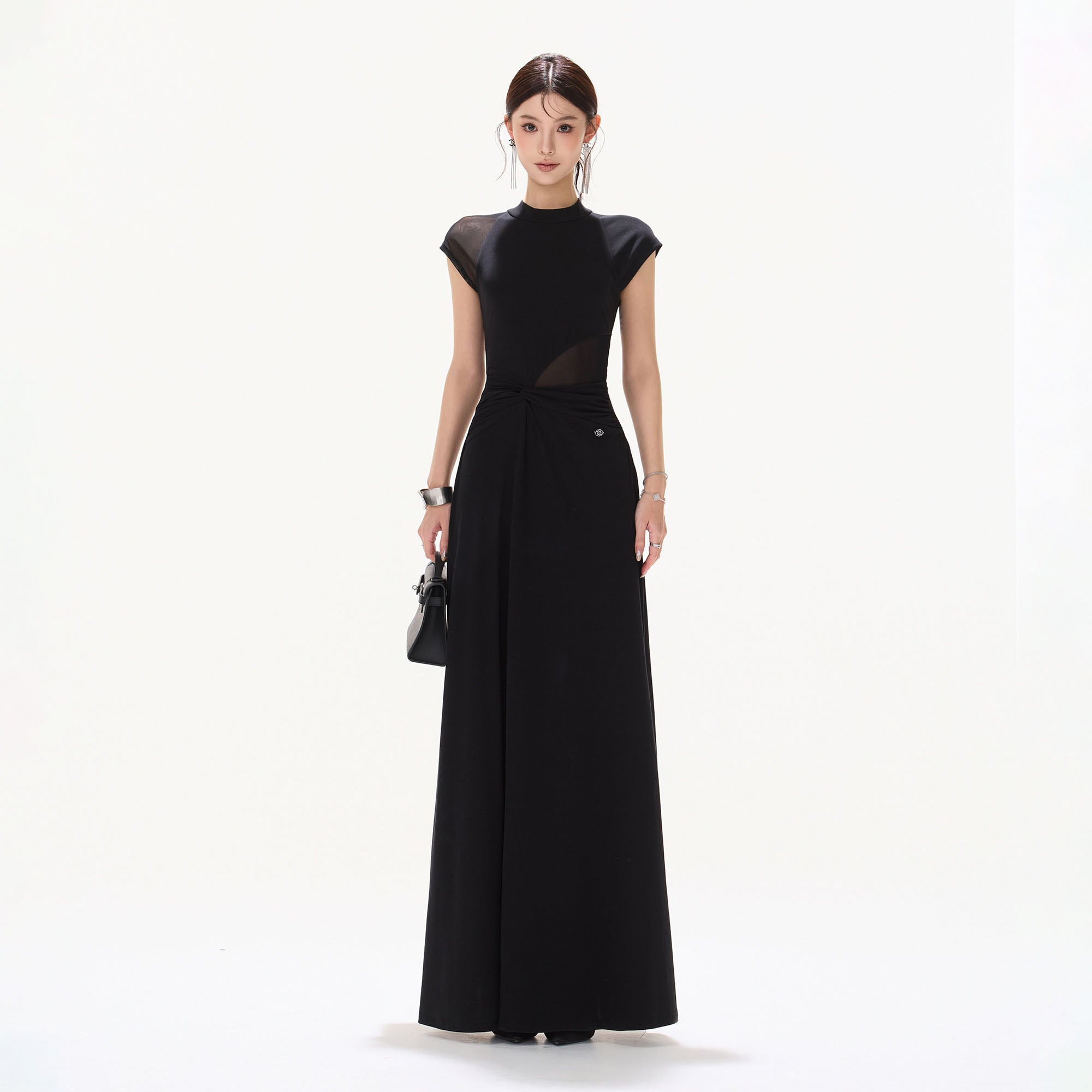 CYNR Twisted Waist Sheer Cap-Sleeve Maxi Dress