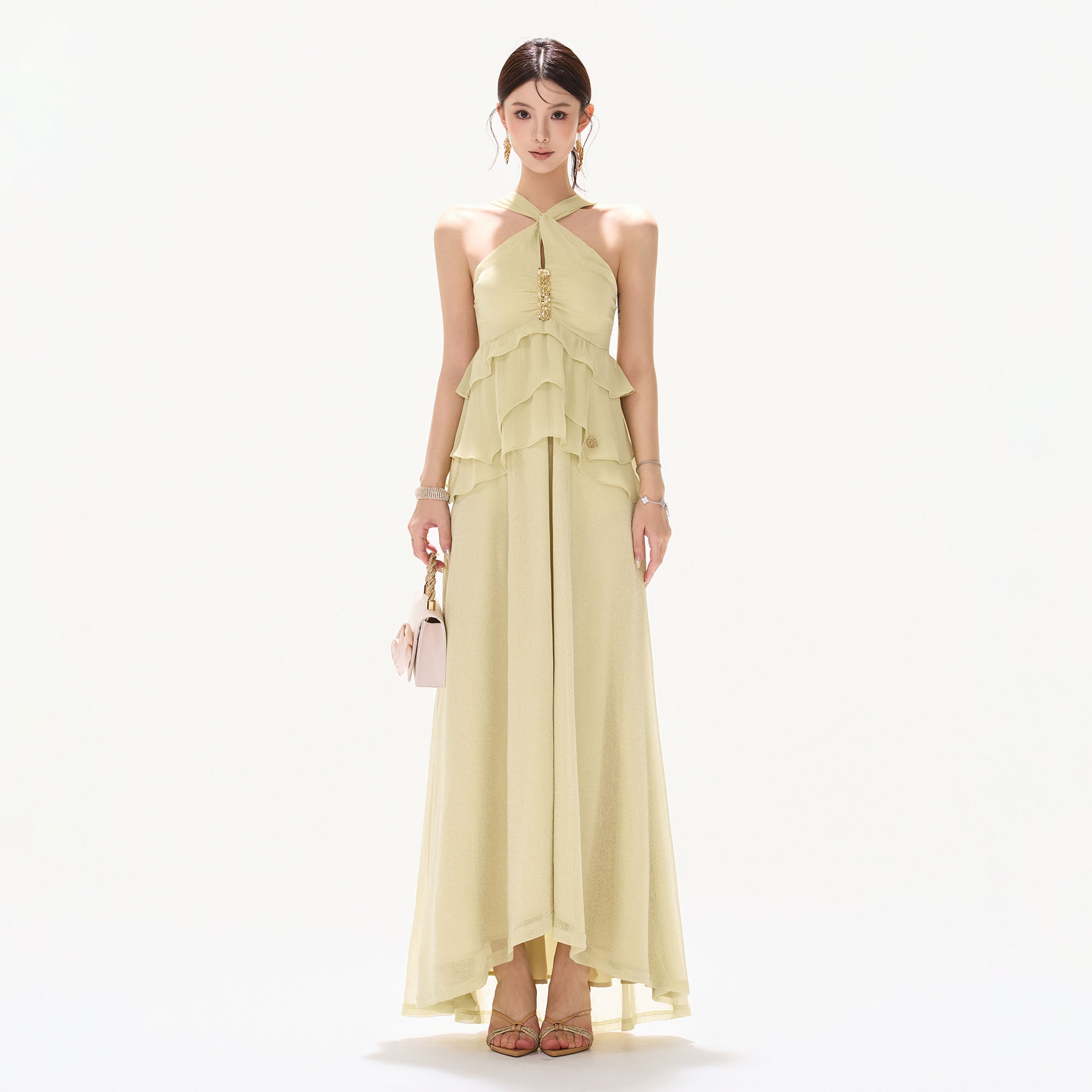 CYNR Tiered Halter Maxi Dress