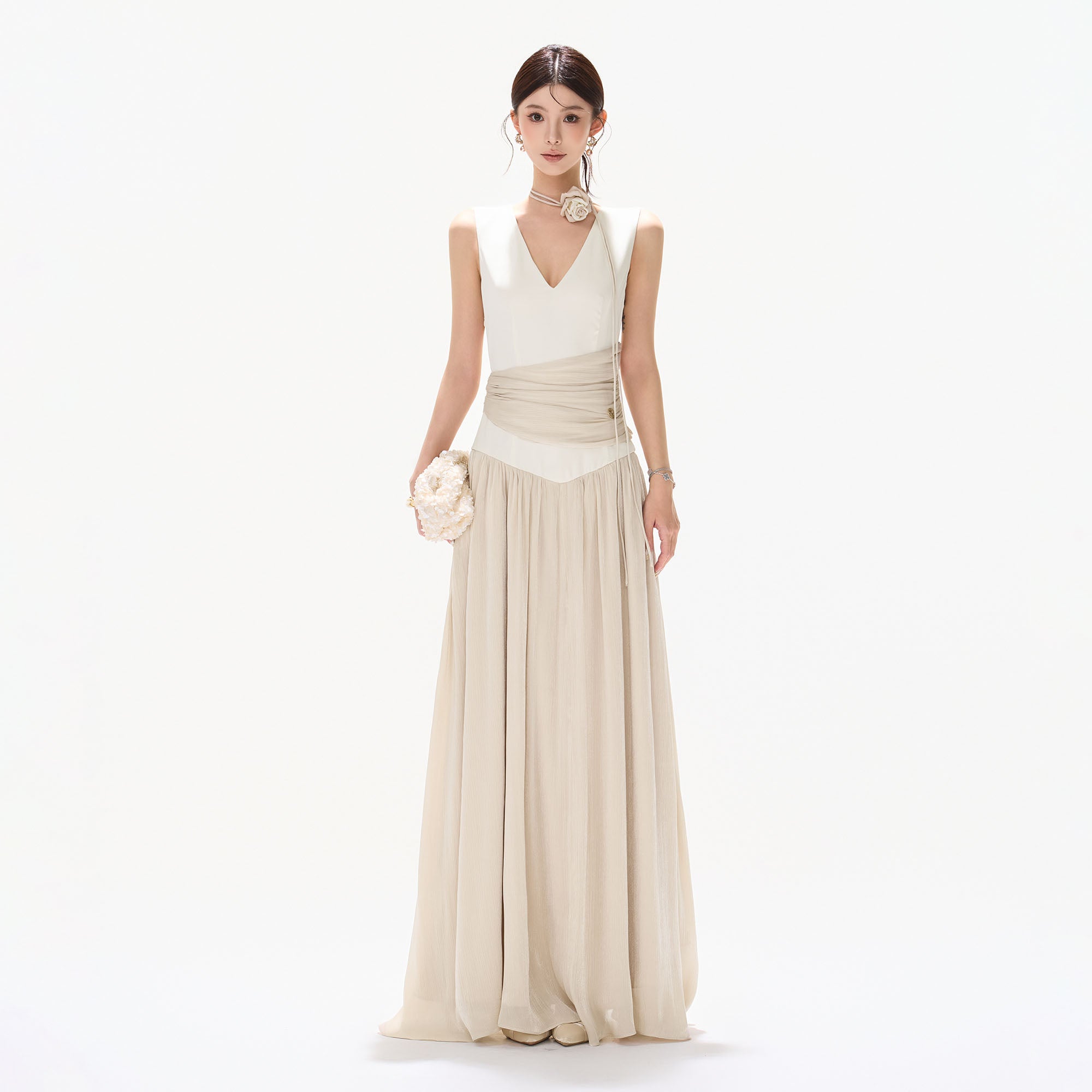 CYNR V-Neck Draped-Waist Chiffon Maxi Dress