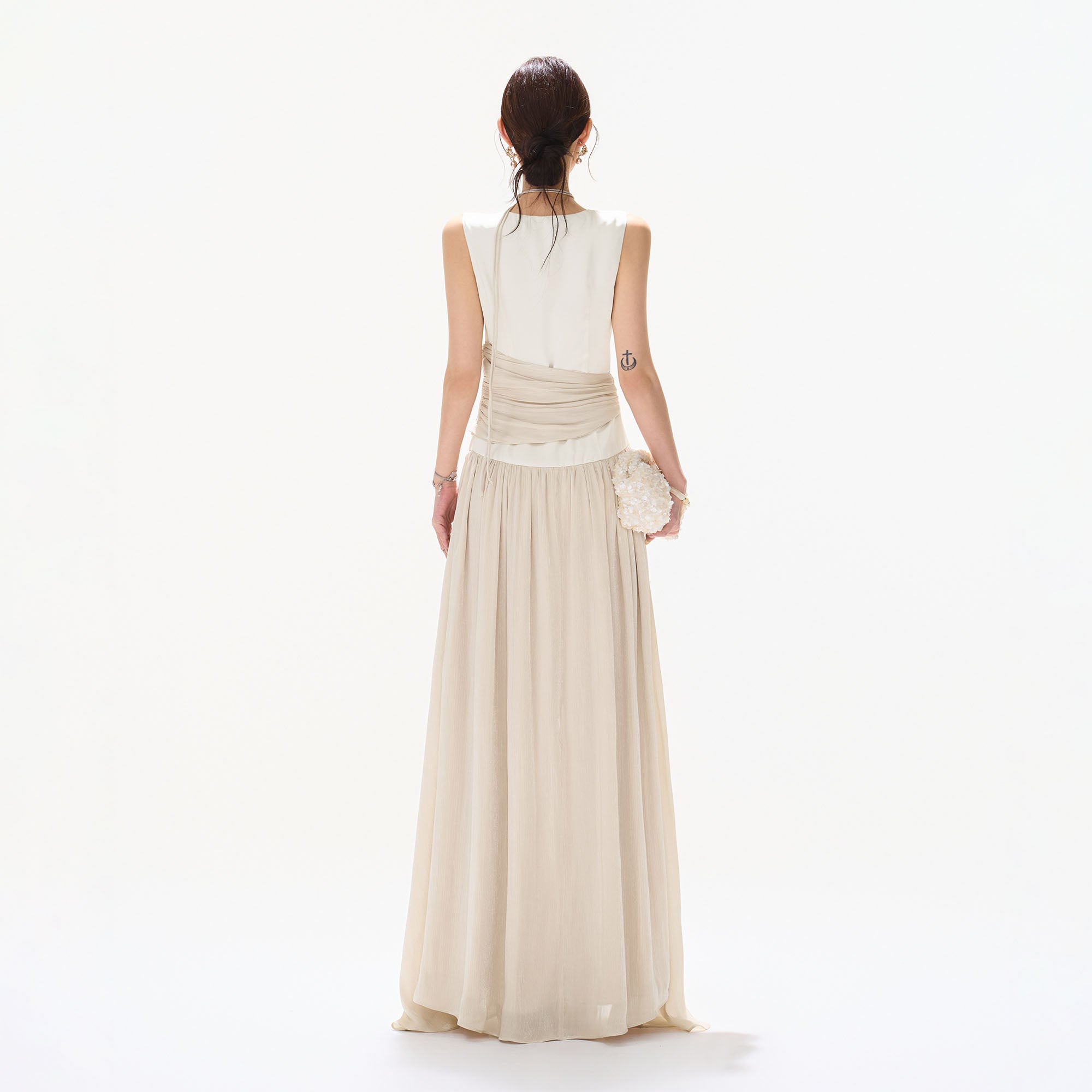 CYNR V-Neck Draped-Waist Chiffon Maxi Dress