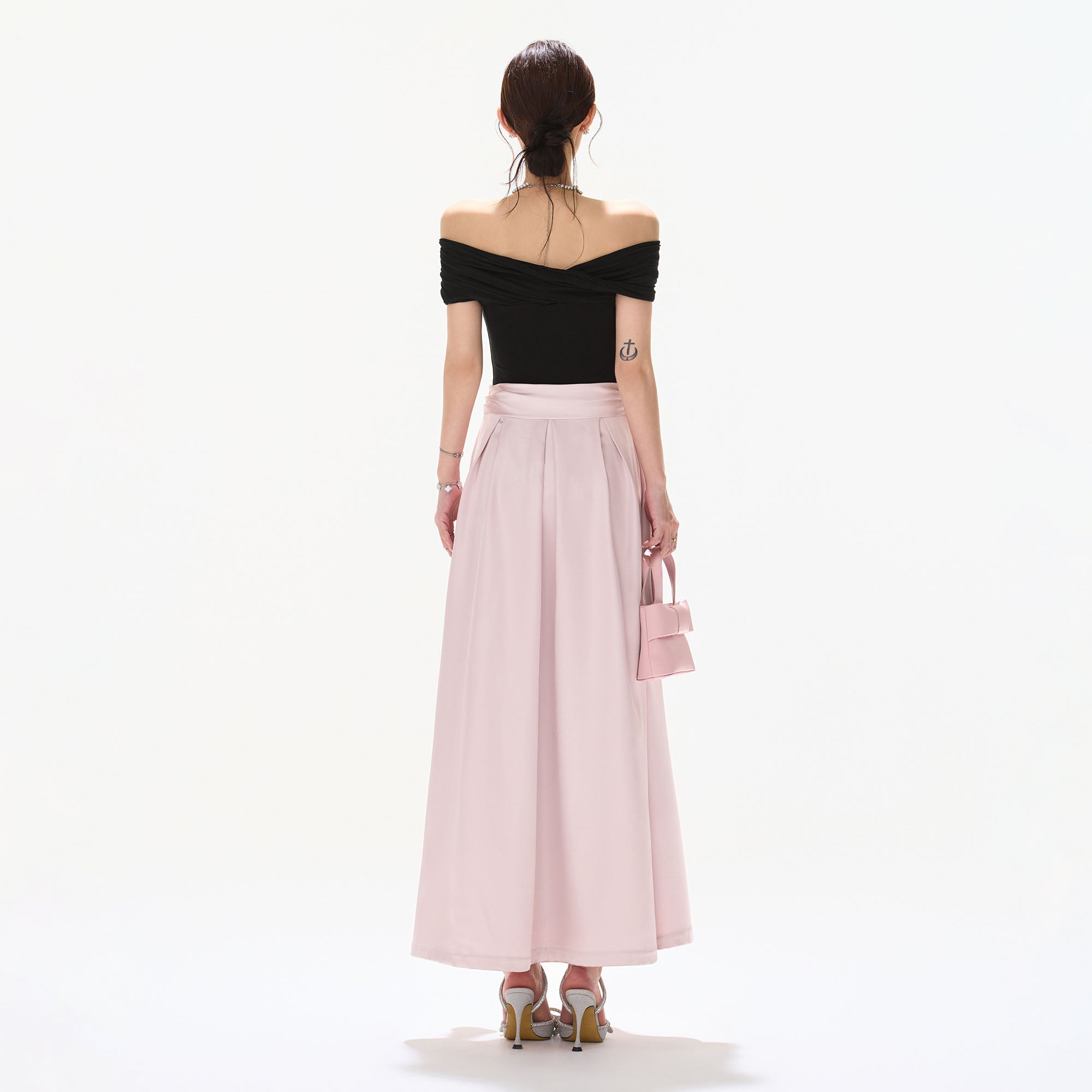 CYNR Off-Shoulder Bow-Waist Satin Maxi Dress