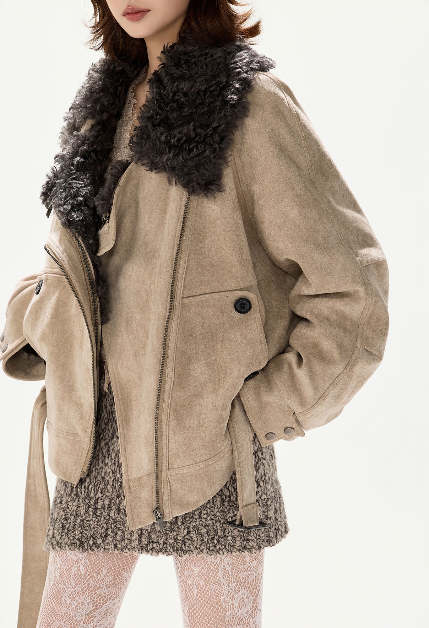 CYGNENOYR Reversible Shearling-Splice Faux Suede Jacket