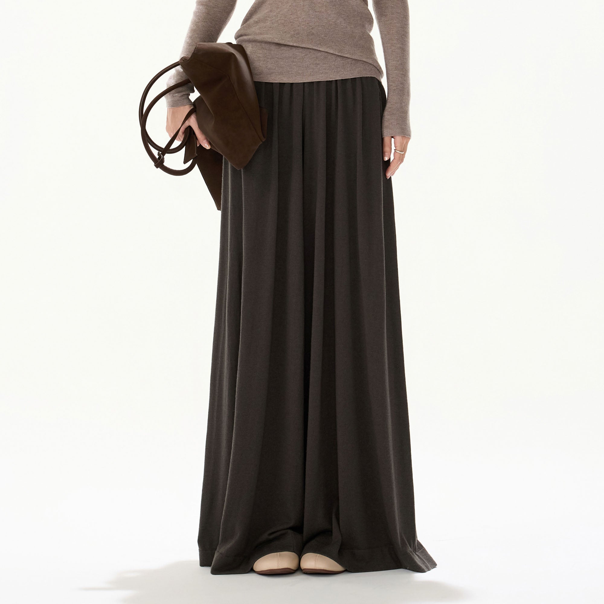 CYGNENOYR Ribbed High-Waist Wide-Leg Drape Pants