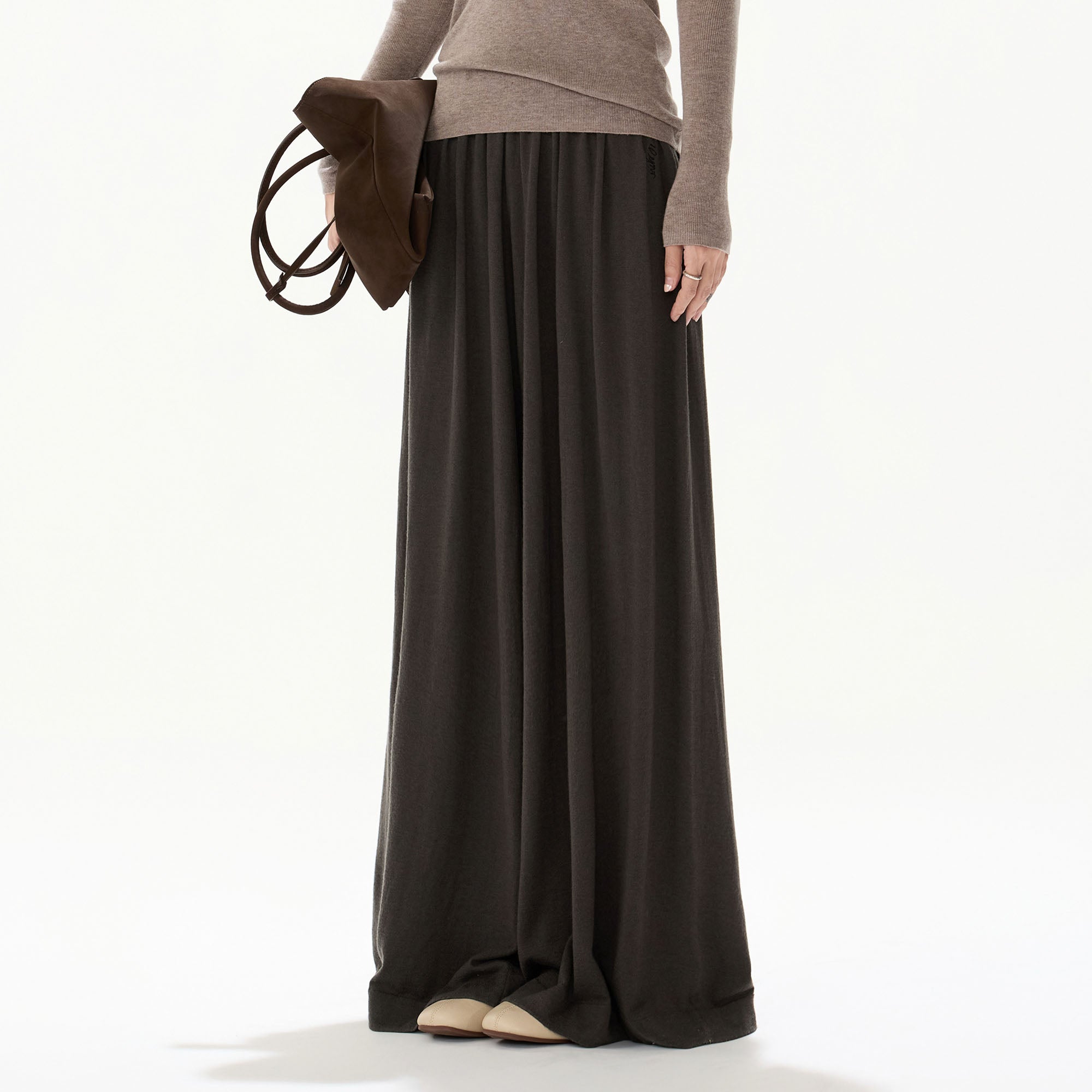 CYNR Ribbed High-Waist Wide-Leg Drape Pants
