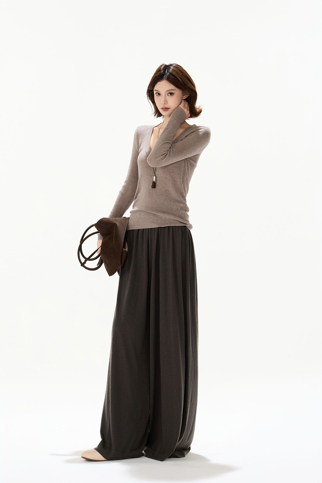 CYNR Ribbed High-Waist Wide-Leg Drape Pants
