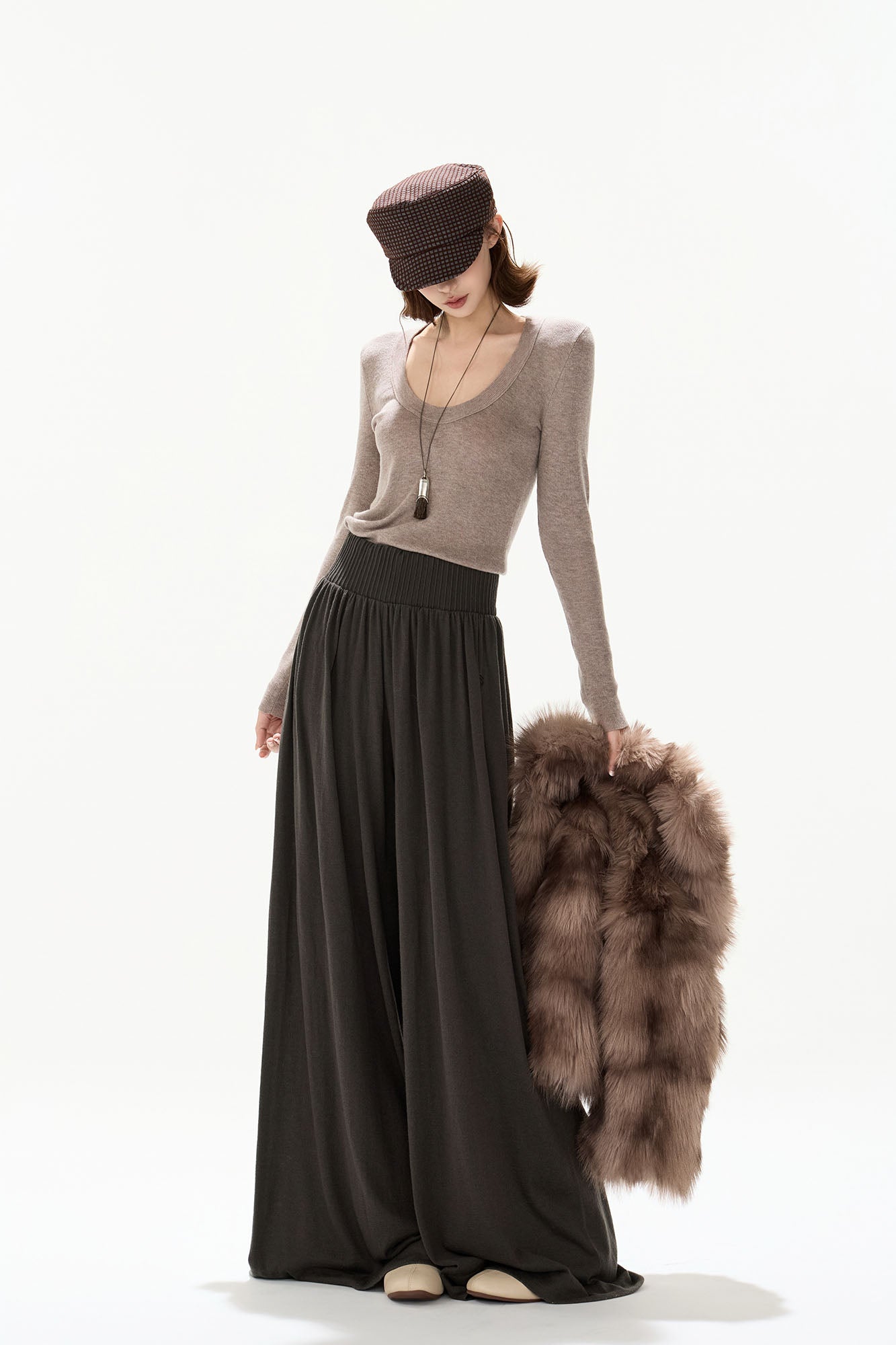 CYGNENOYR Ribbed High-Waist Wide-Leg Drape Pants