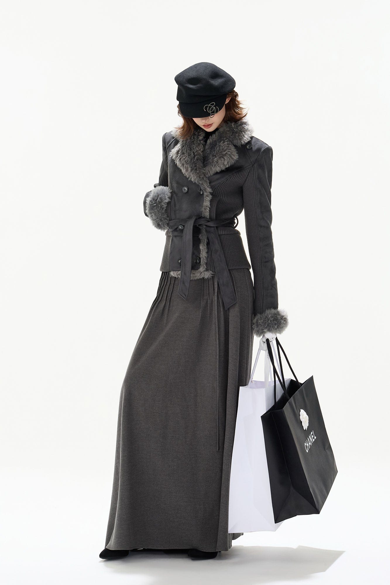 CYNR Modern Pleated Maxi Flared Skirt