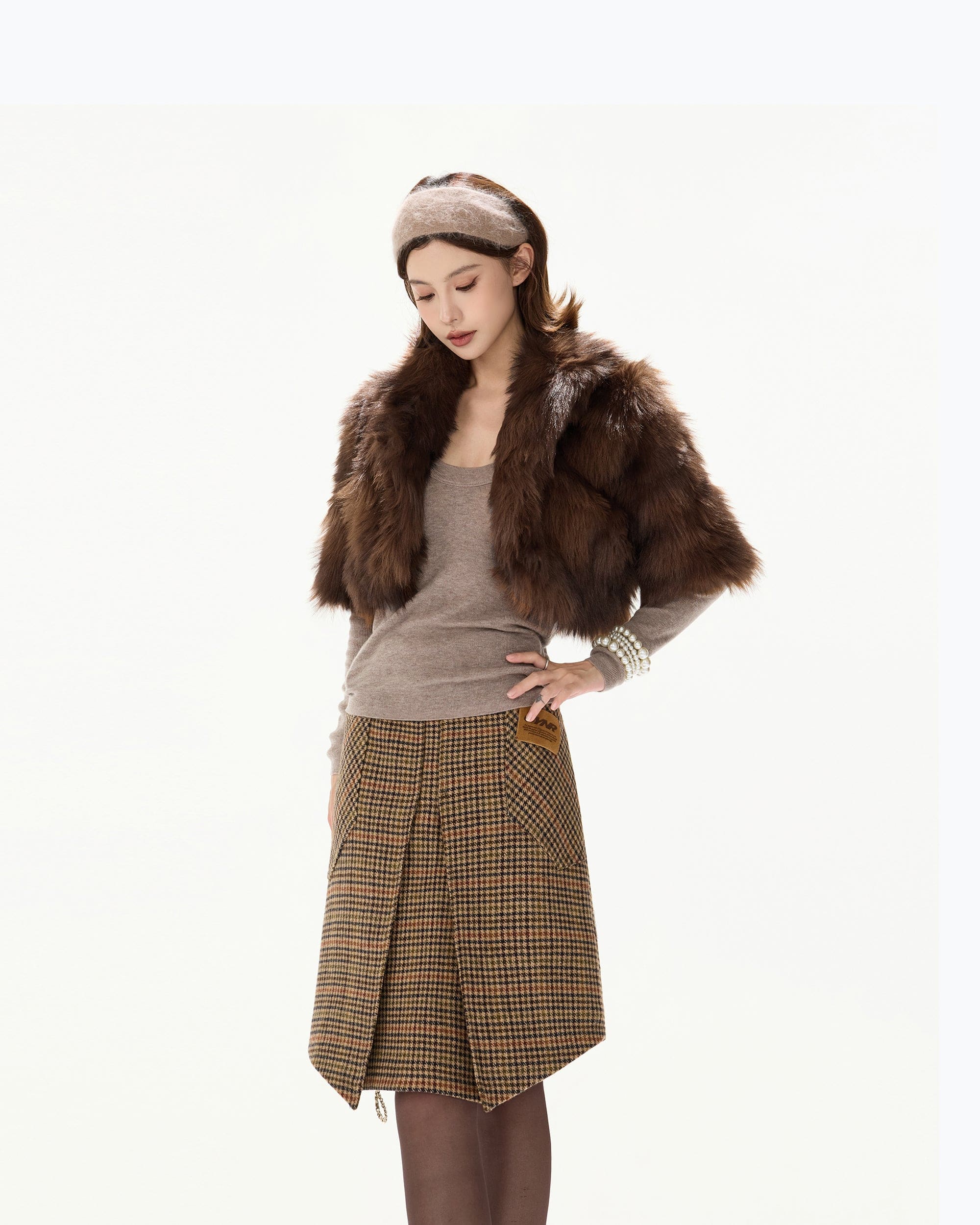 CYNR Faux Fur Half-Sleeve Cropped Jacket Brown