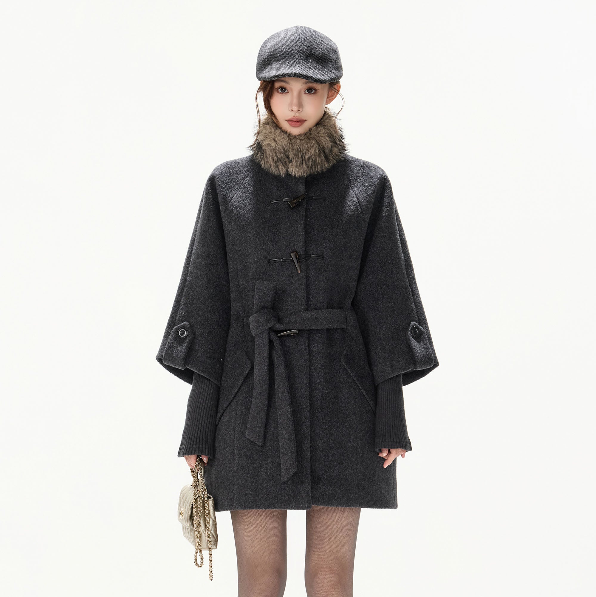 CYNR Detachable Faux Fur Collar Wool-Blend Toggle Coat