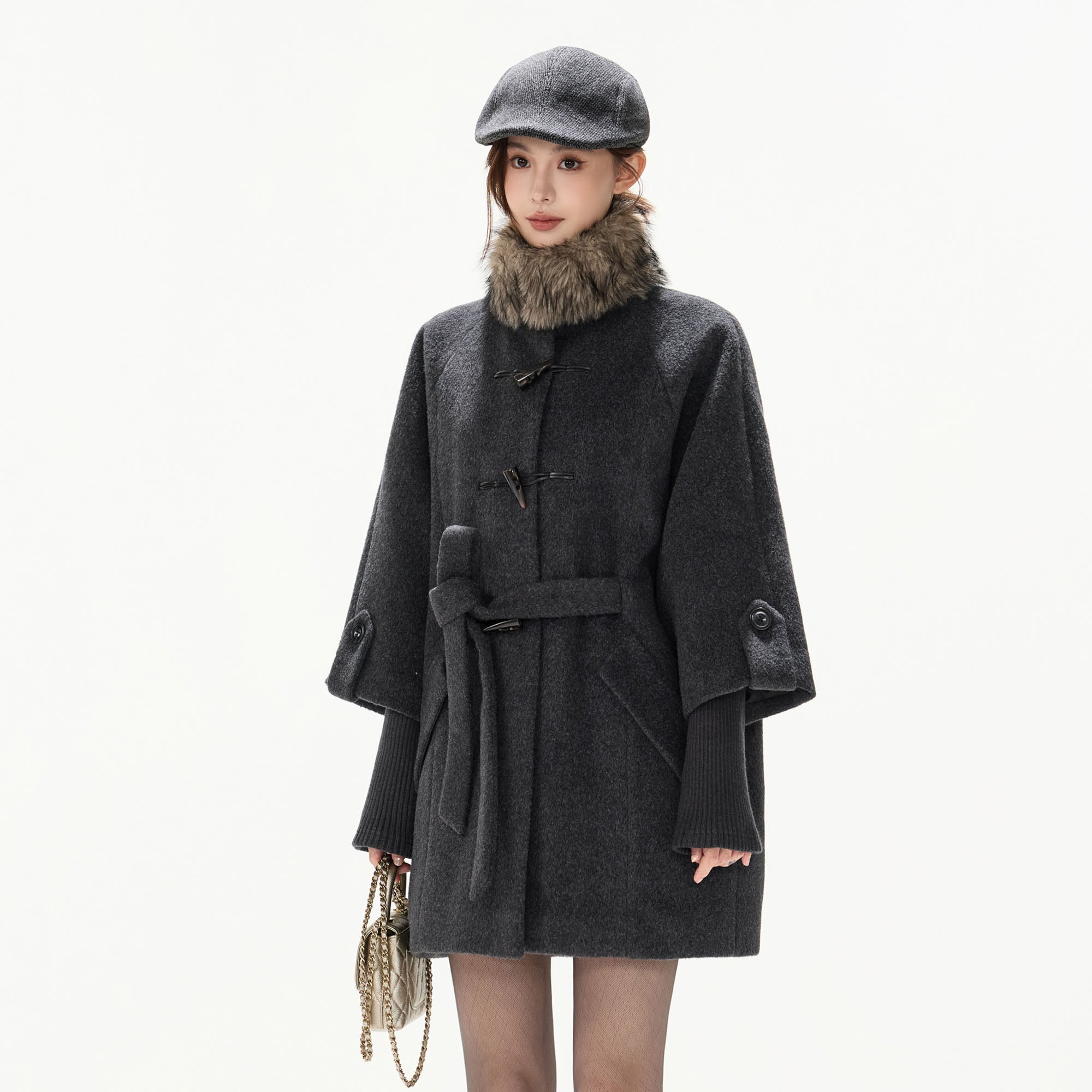 CYNR Detachable Faux Fur Collar Wool-Blend Toggle Coat