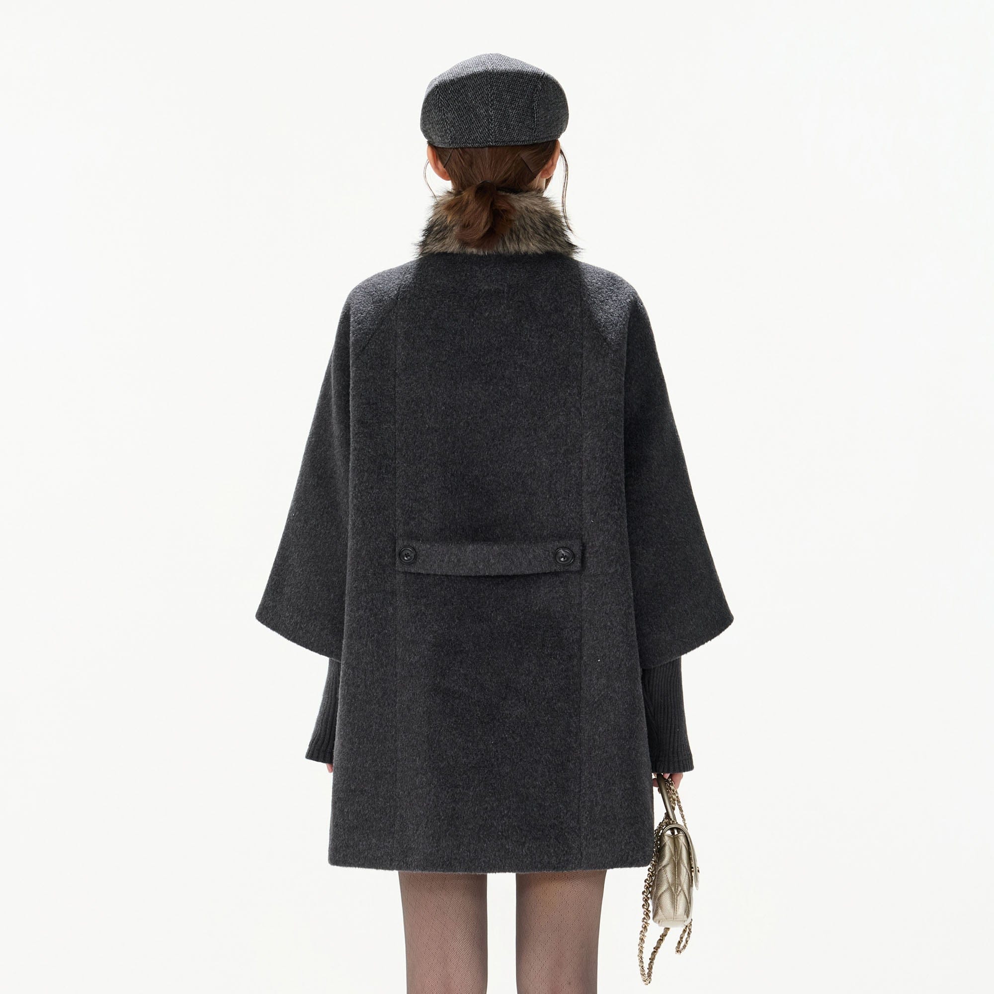 CYNR Detachable Faux Fur Collar Wool-Blend Toggle Coat