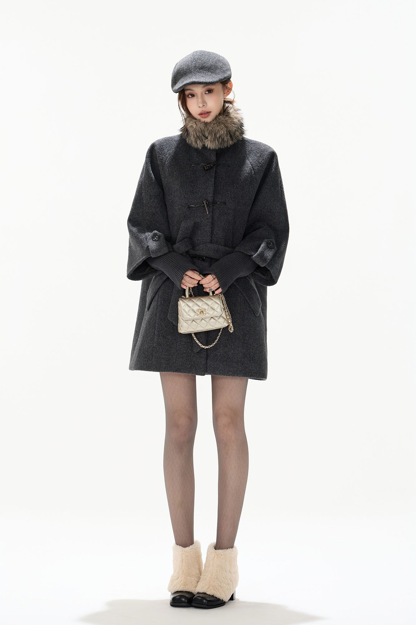 CYNR Detachable Faux Fur Collar Wool-Blend Toggle Coat