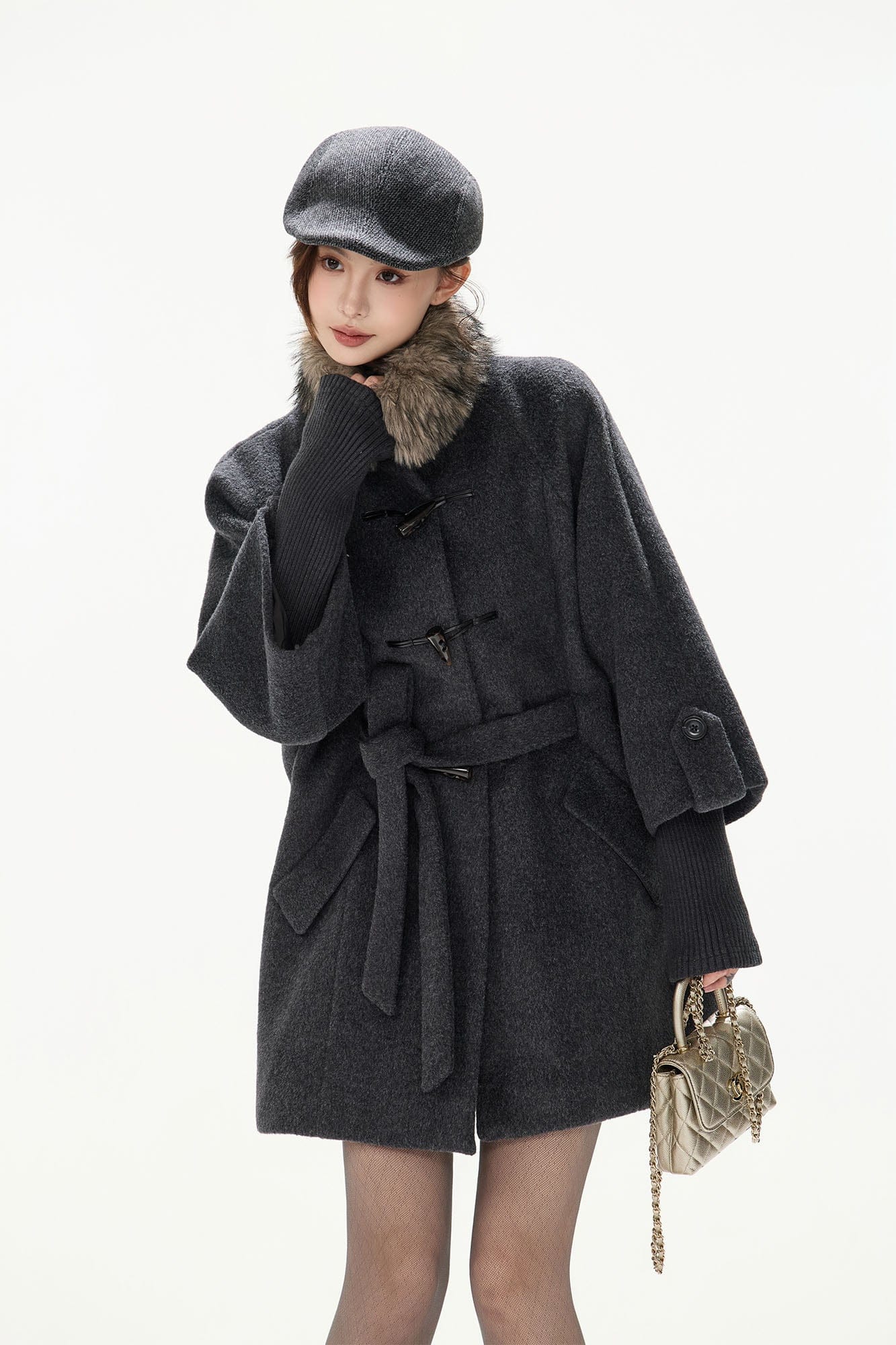 CYNR Detachable Faux Fur Collar Wool-Blend Toggle Coat