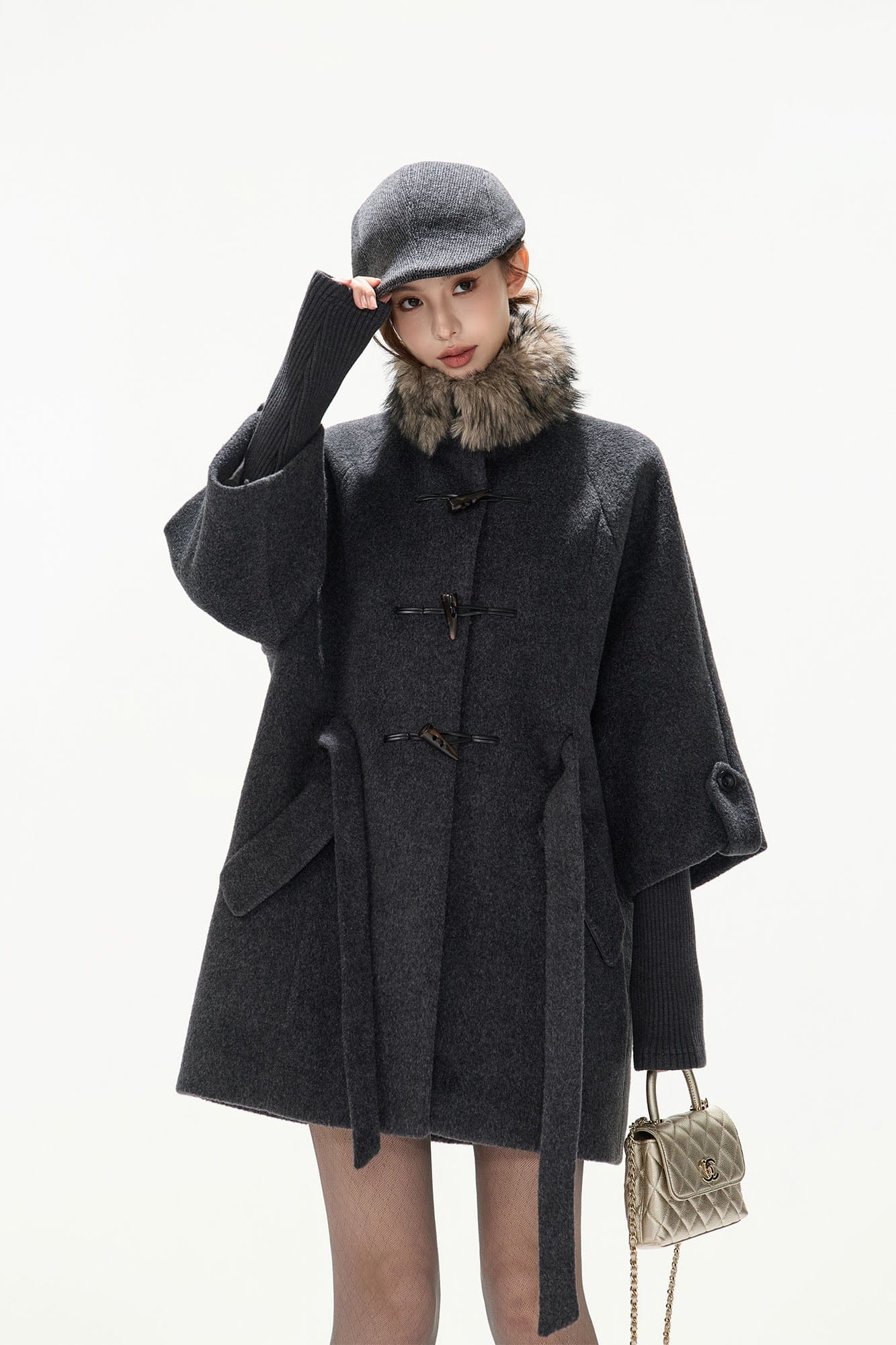 CYNR Detachable Faux Fur Collar Wool-Blend Toggle Coat