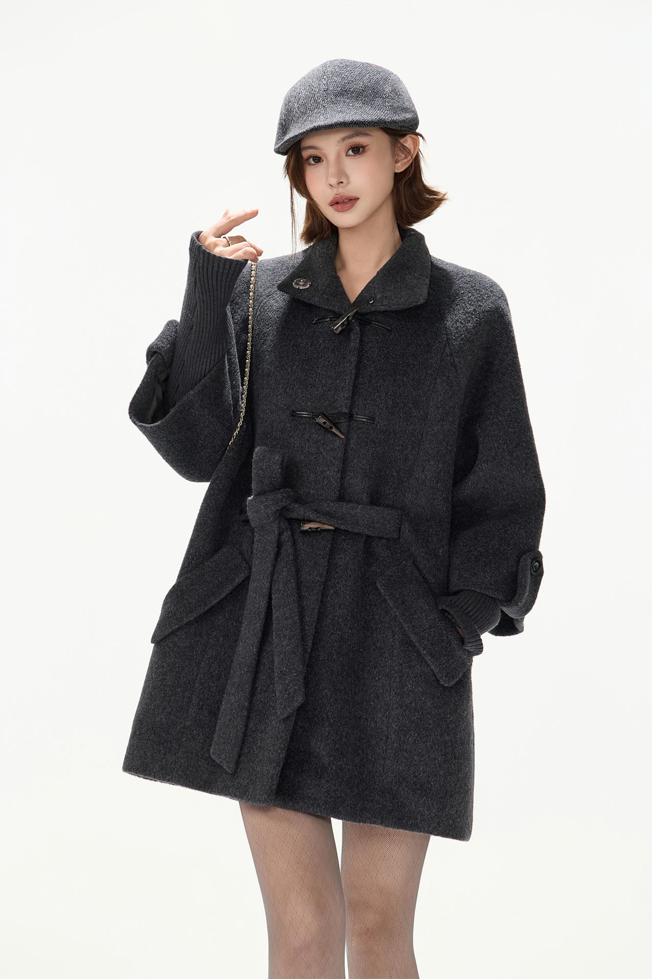 CYNR Detachable Faux Fur Collar Wool-Blend Toggle Coat