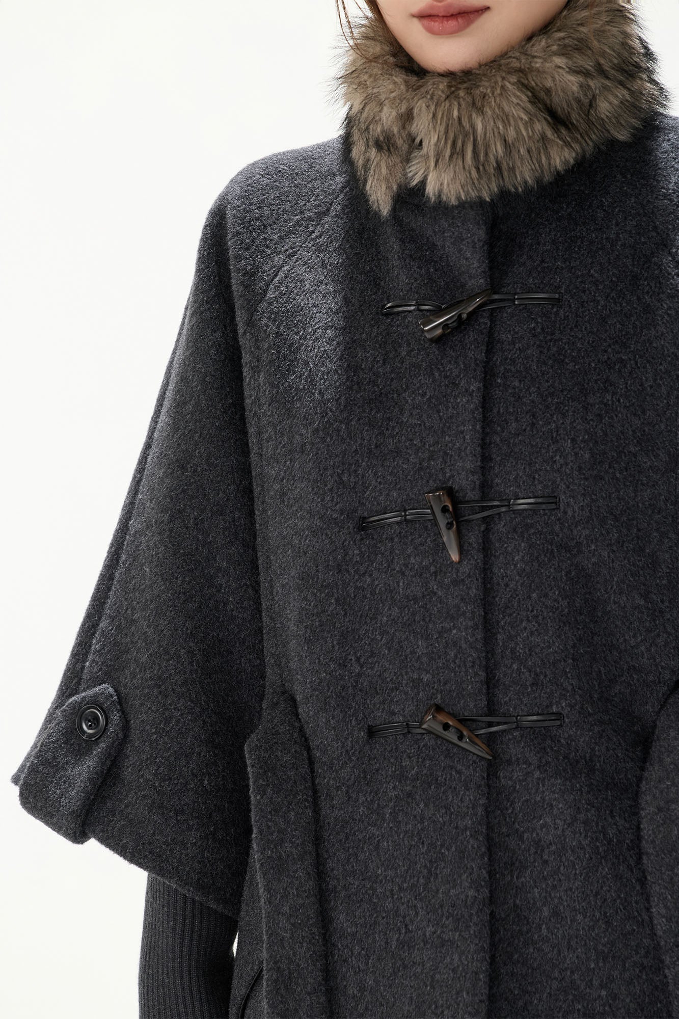 CYNR Detachable Faux Fur Collar Wool-Blend Toggle Coat