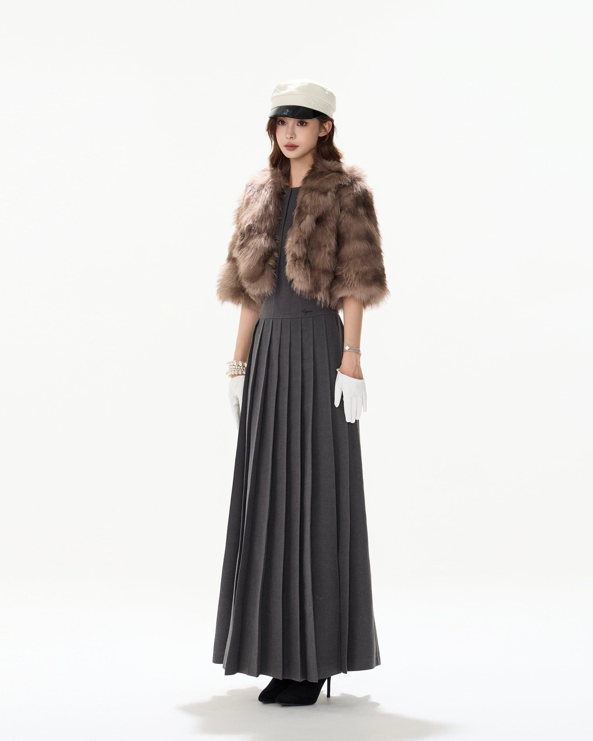 CYNR Brushed Lace-Back Pleated Maxi Dress Gray