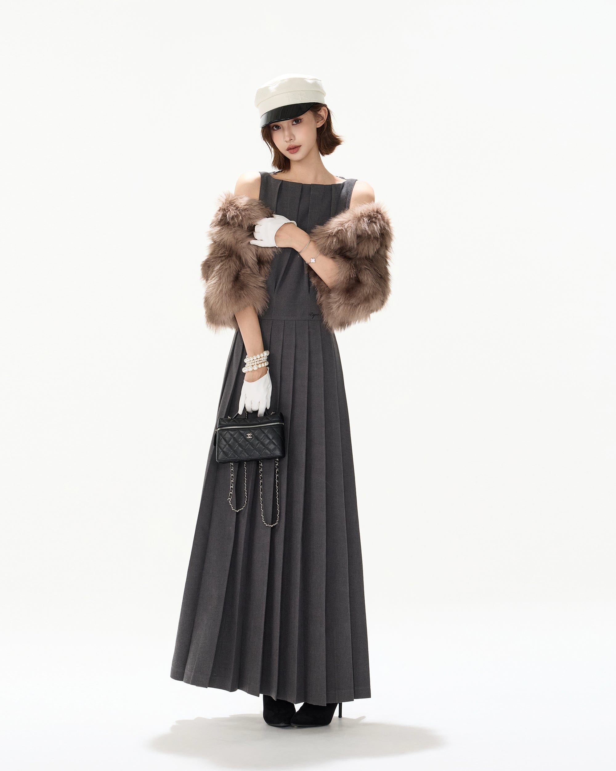 CYNR Brushed Lace-Back Pleated Maxi Dress Gray