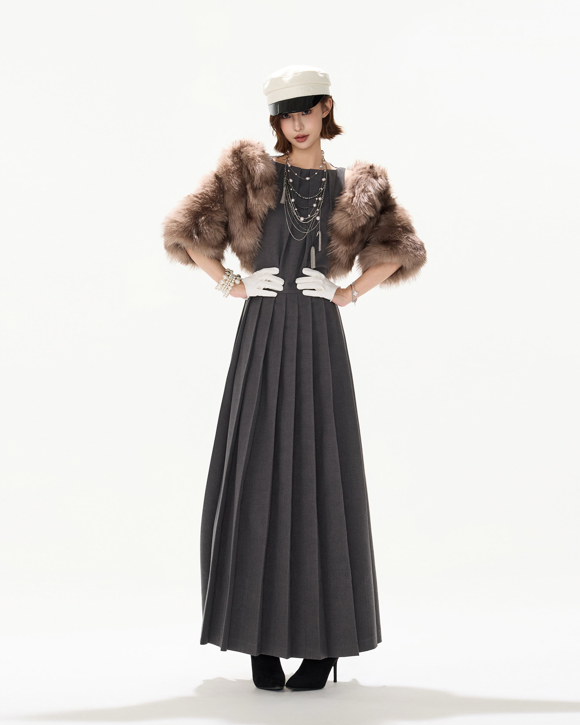 CYNR Brushed Lace-Back Pleated Maxi Dress Gray