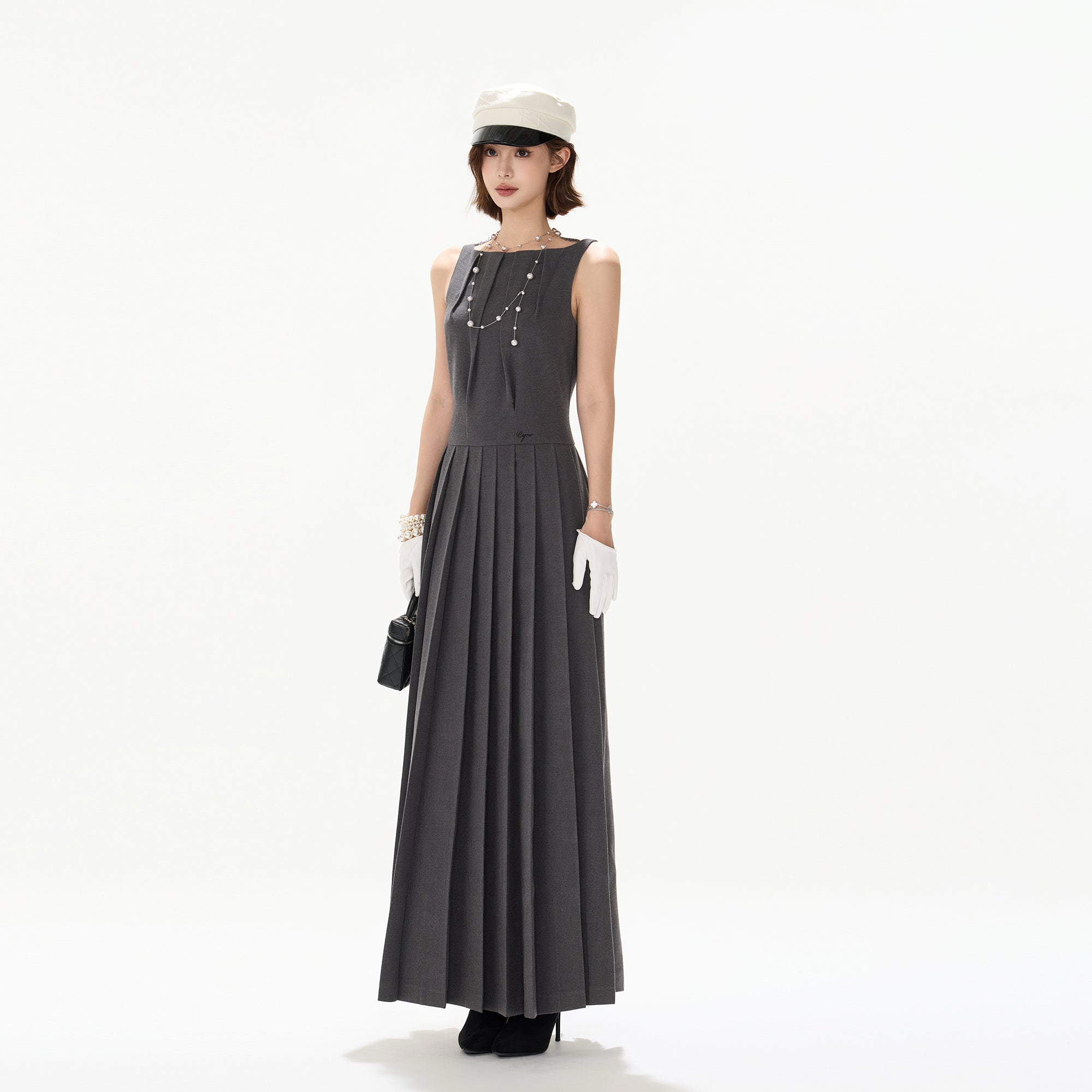 CYNR Brushed Lace-Back Pleated Maxi Dress Gray
