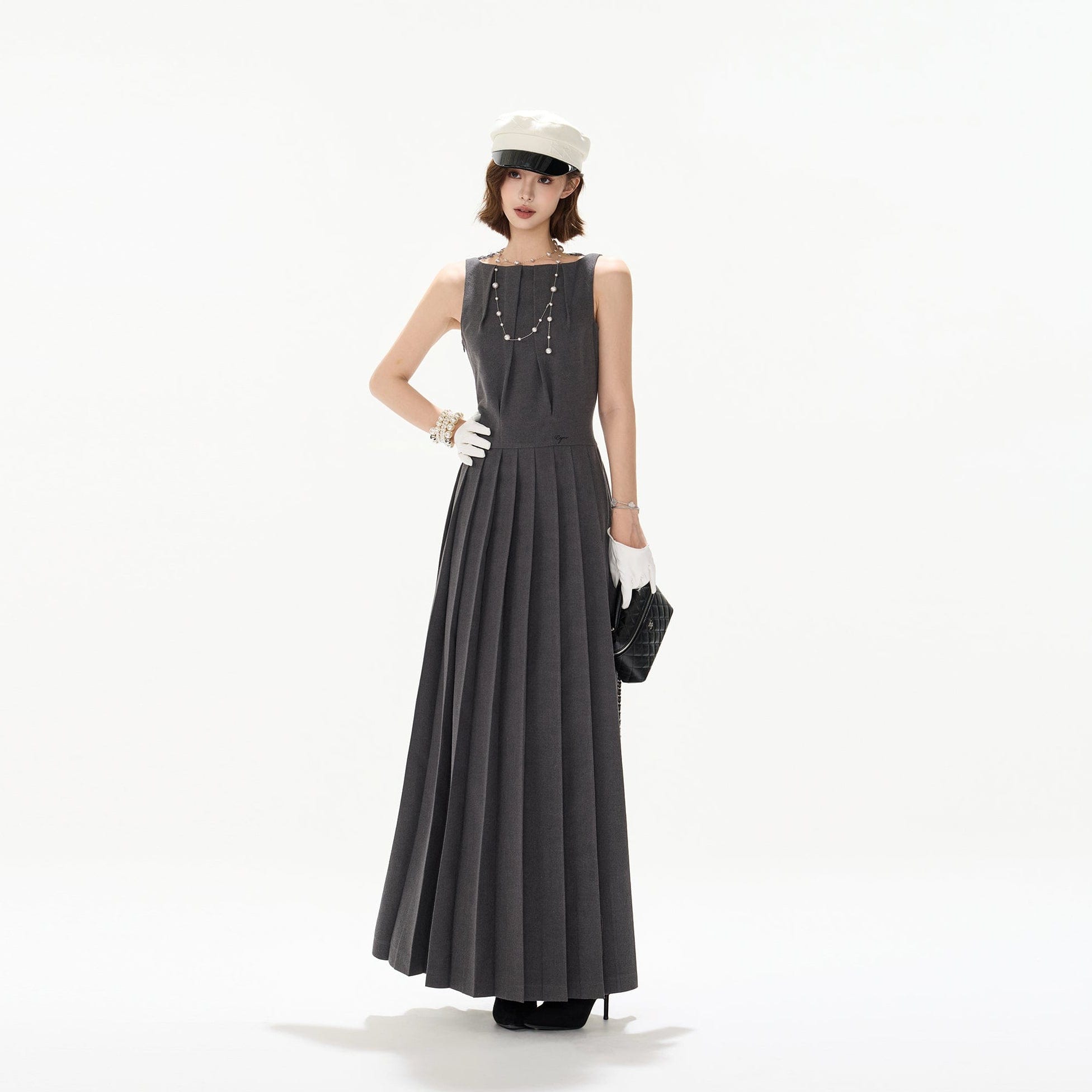 CYNR Brushed Lace-Back Pleated Maxi Dress Gray