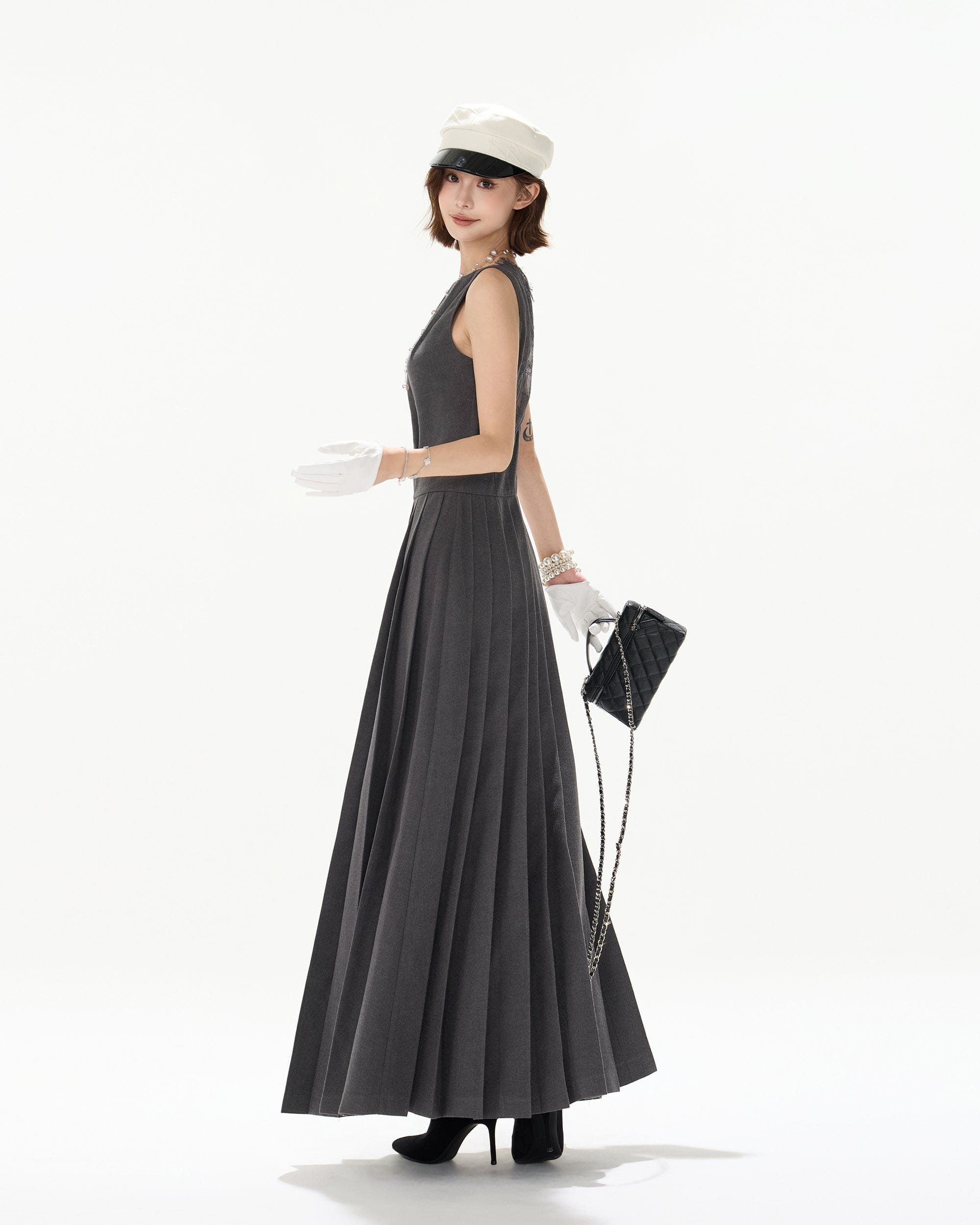 CYNR Brushed Lace-Back Pleated Maxi Dress Gray