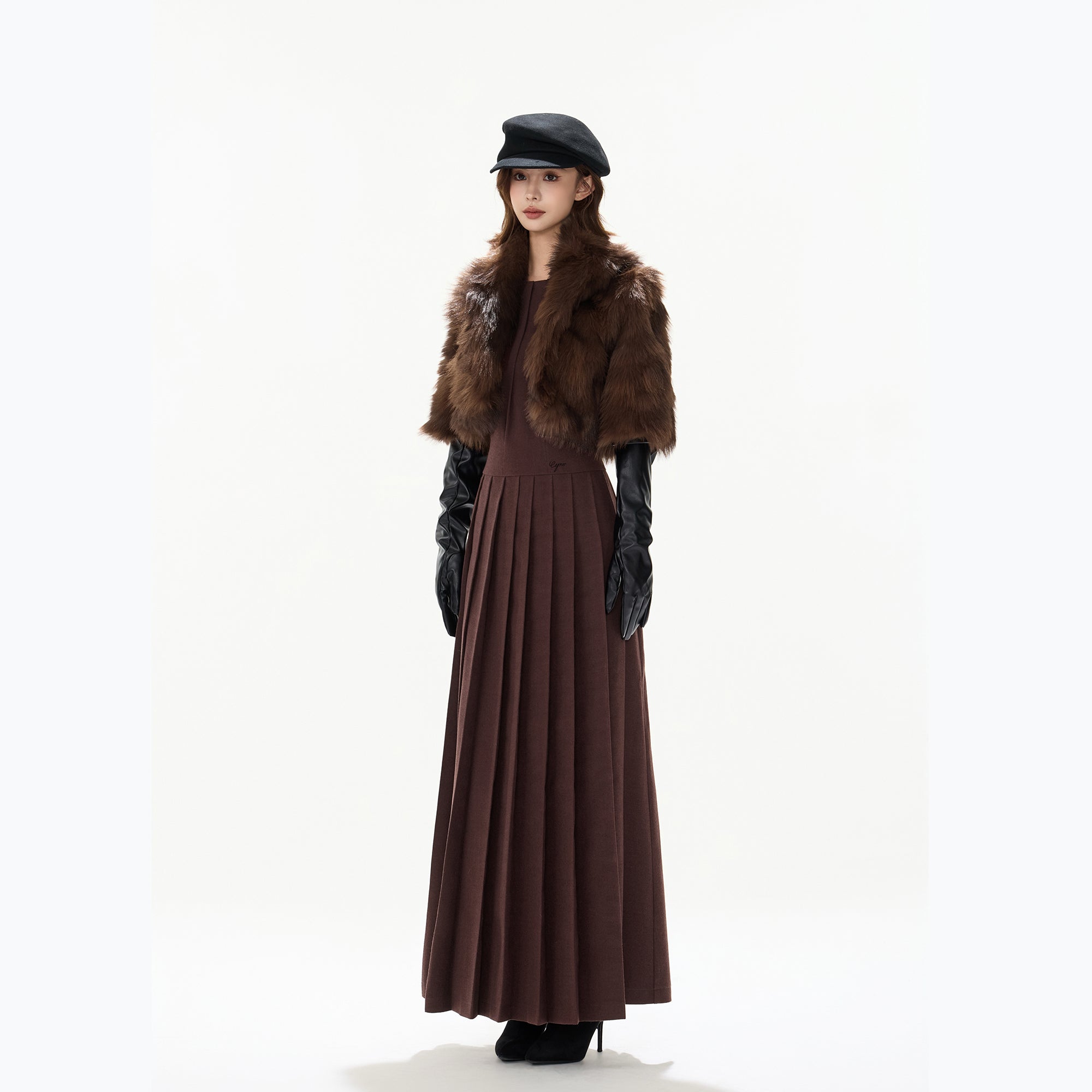 CYGNENOYR Brushed Lace-Back Pleated Maxi Dress Brown