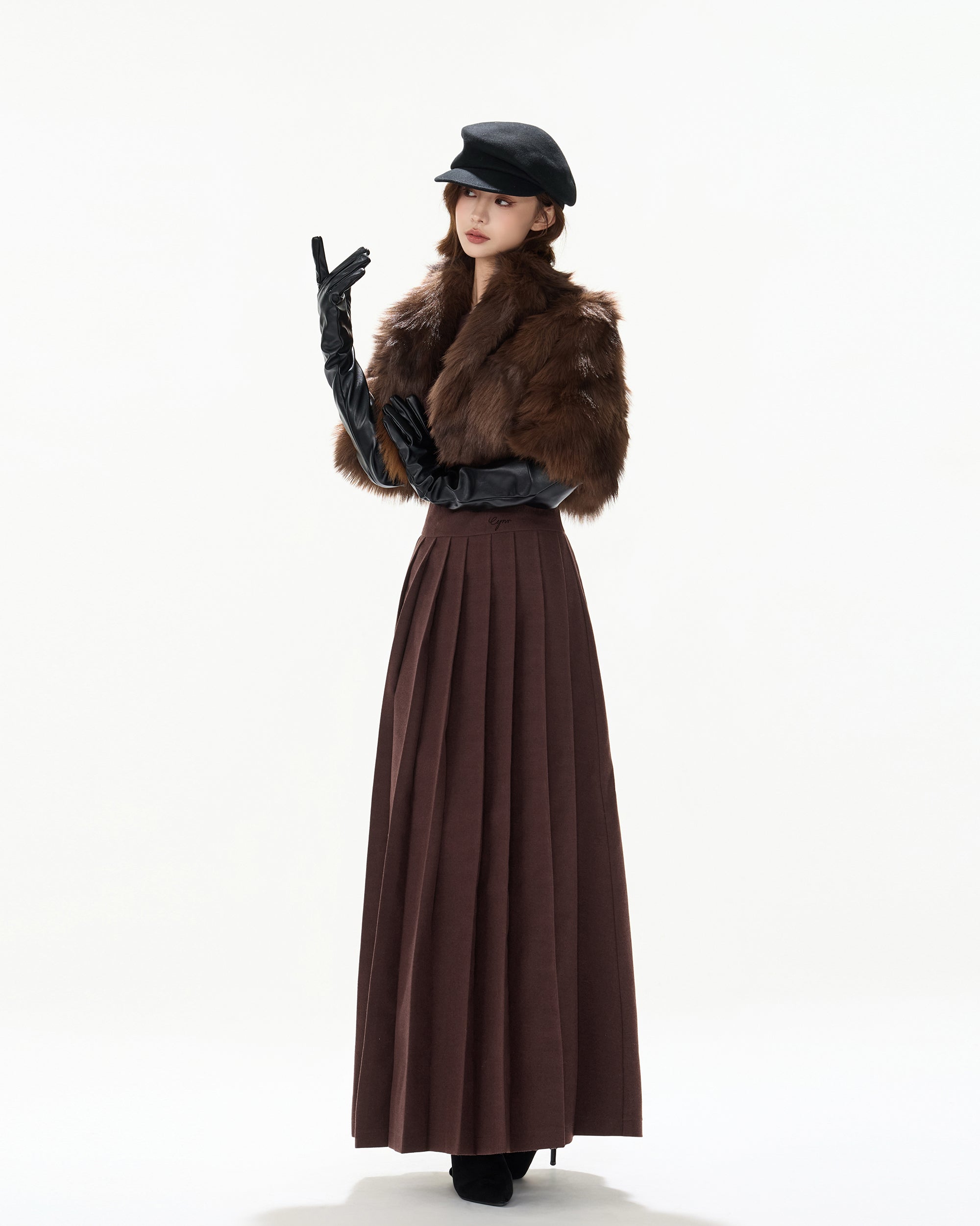 CYGNENOYR Brushed Lace-Back Pleated Maxi Dress Brown