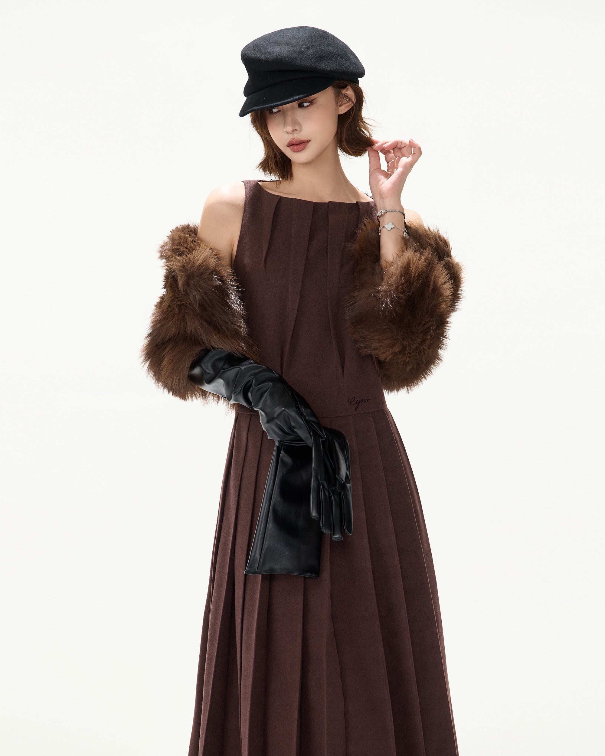 CYGNENOYR Brushed Lace-Back Pleated Maxi Dress Brown