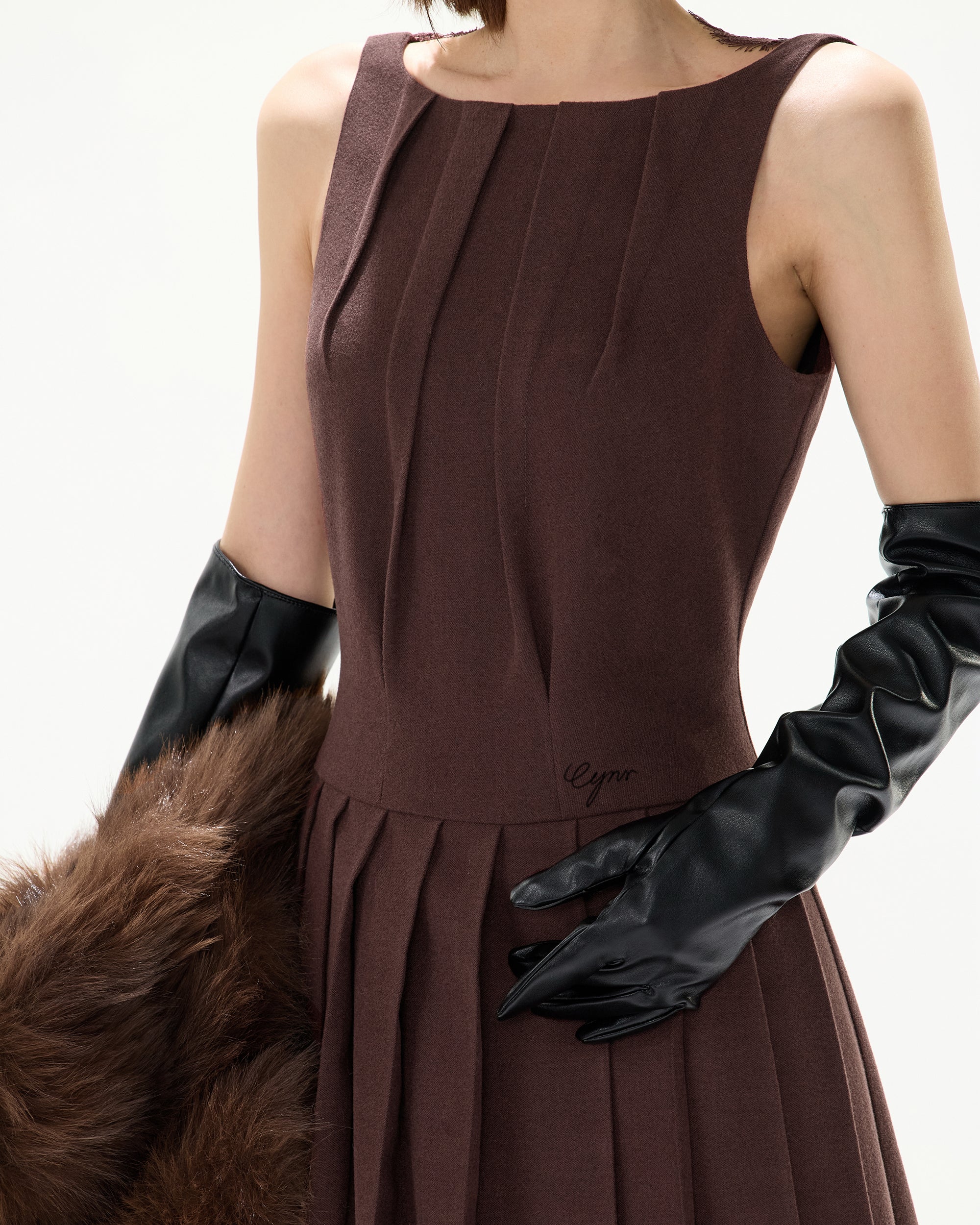 CYNR Brushed Lace-Back Pleated Maxi Dress Brown