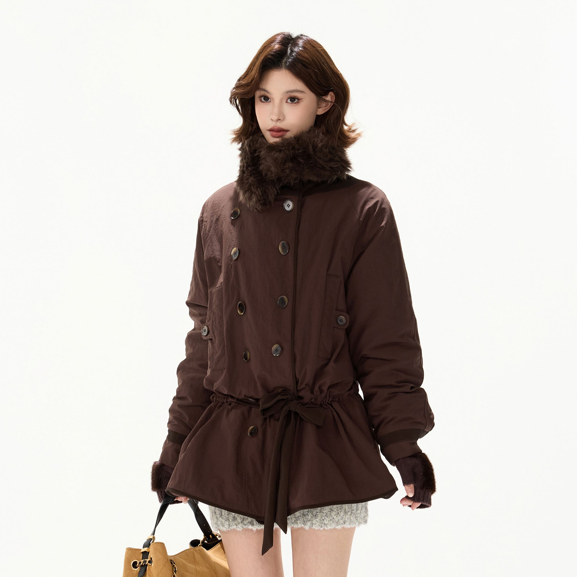 CYGNENOYR Detachable Faux-Fur Collar Belted Utility Puffer Jacket