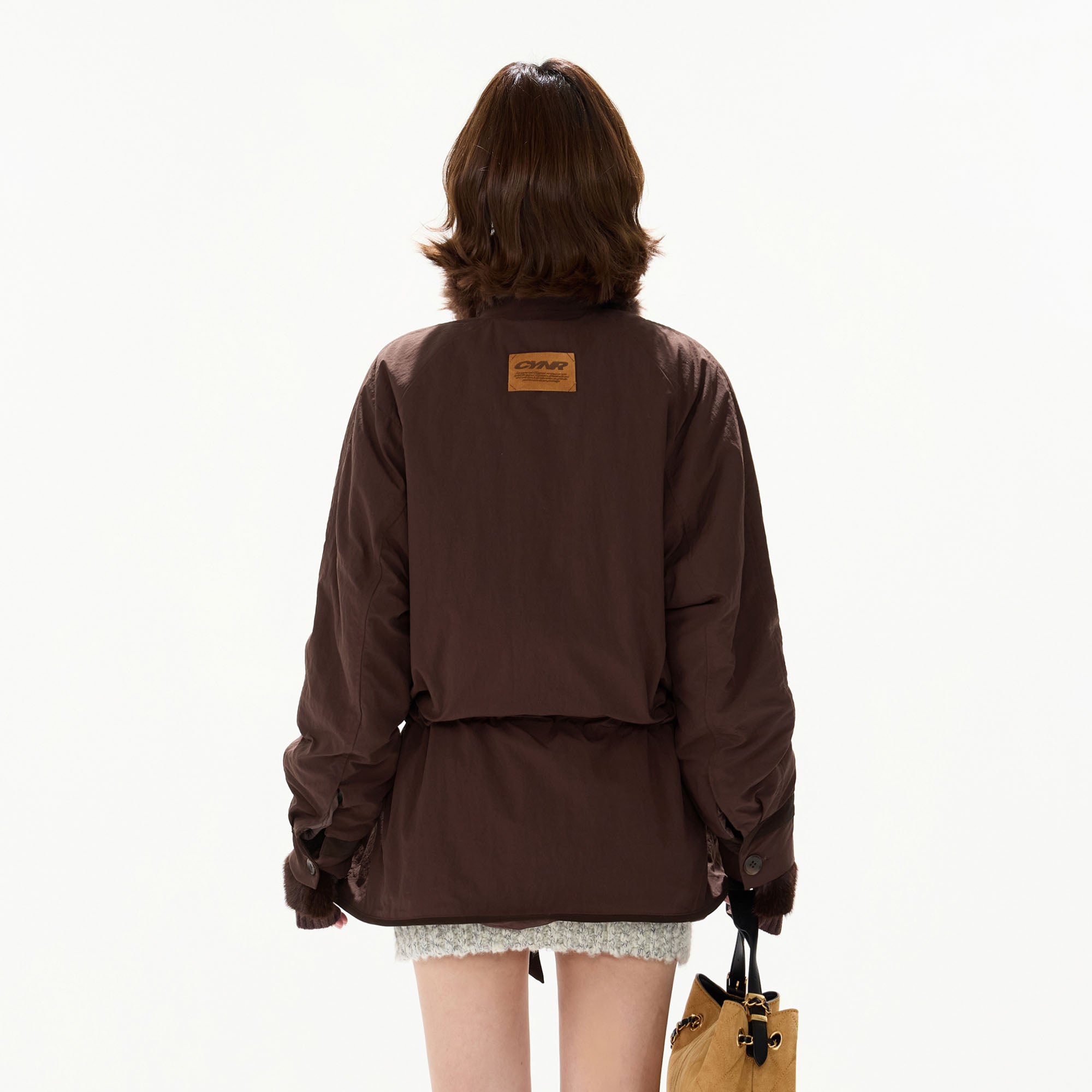 CYGNENOYR Detachable Faux-Fur Collar Belted Utility Puffer Jacket