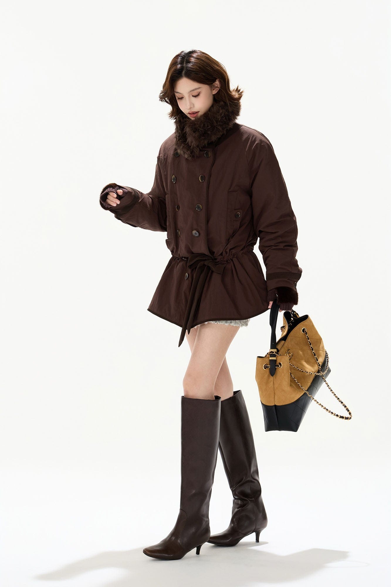 CYNR Detachable Faux-Fur Collar Belted Utility Puffer Jacket