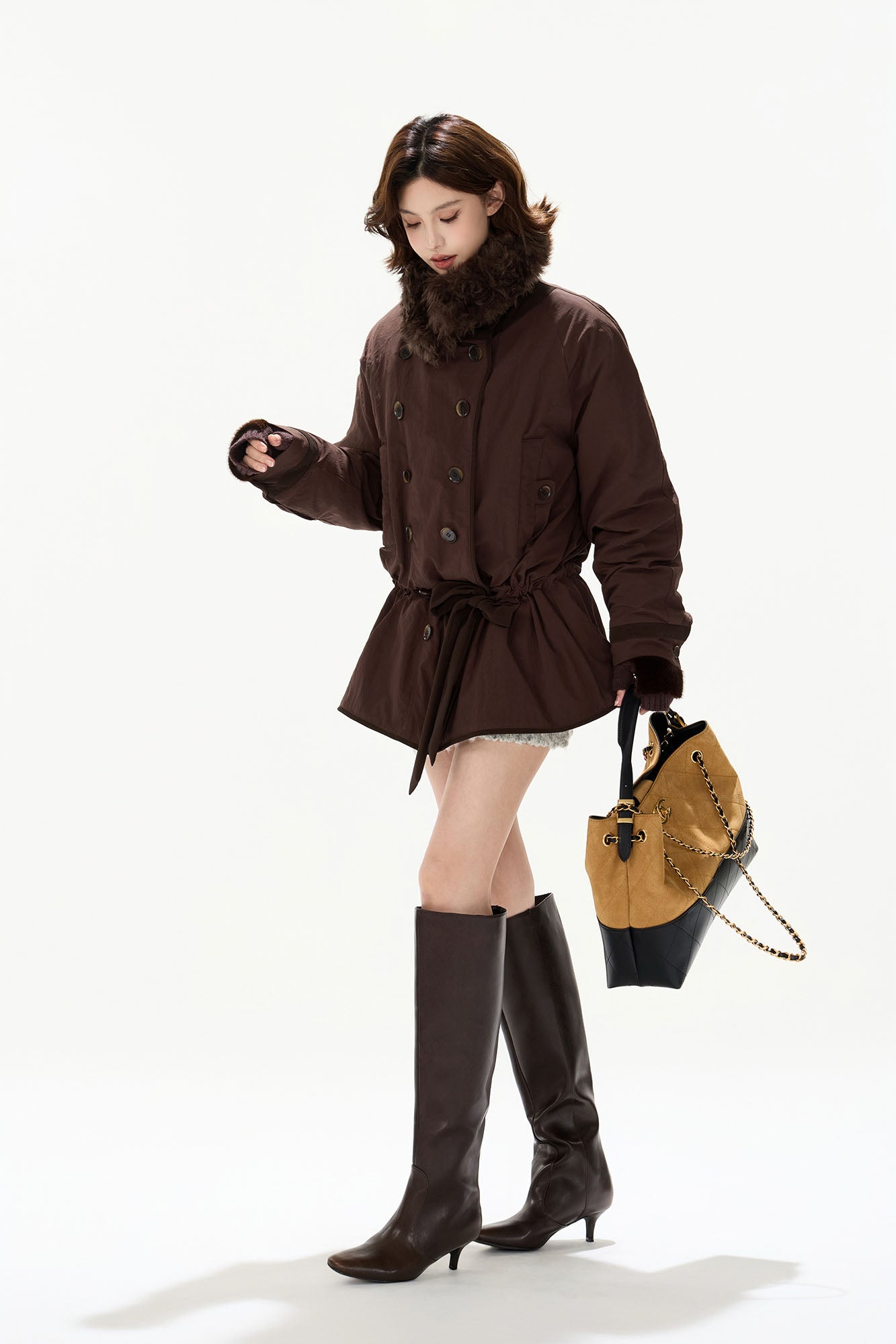 CYGNENOYR Detachable Faux-Fur Collar Belted Utility Puffer Jacket