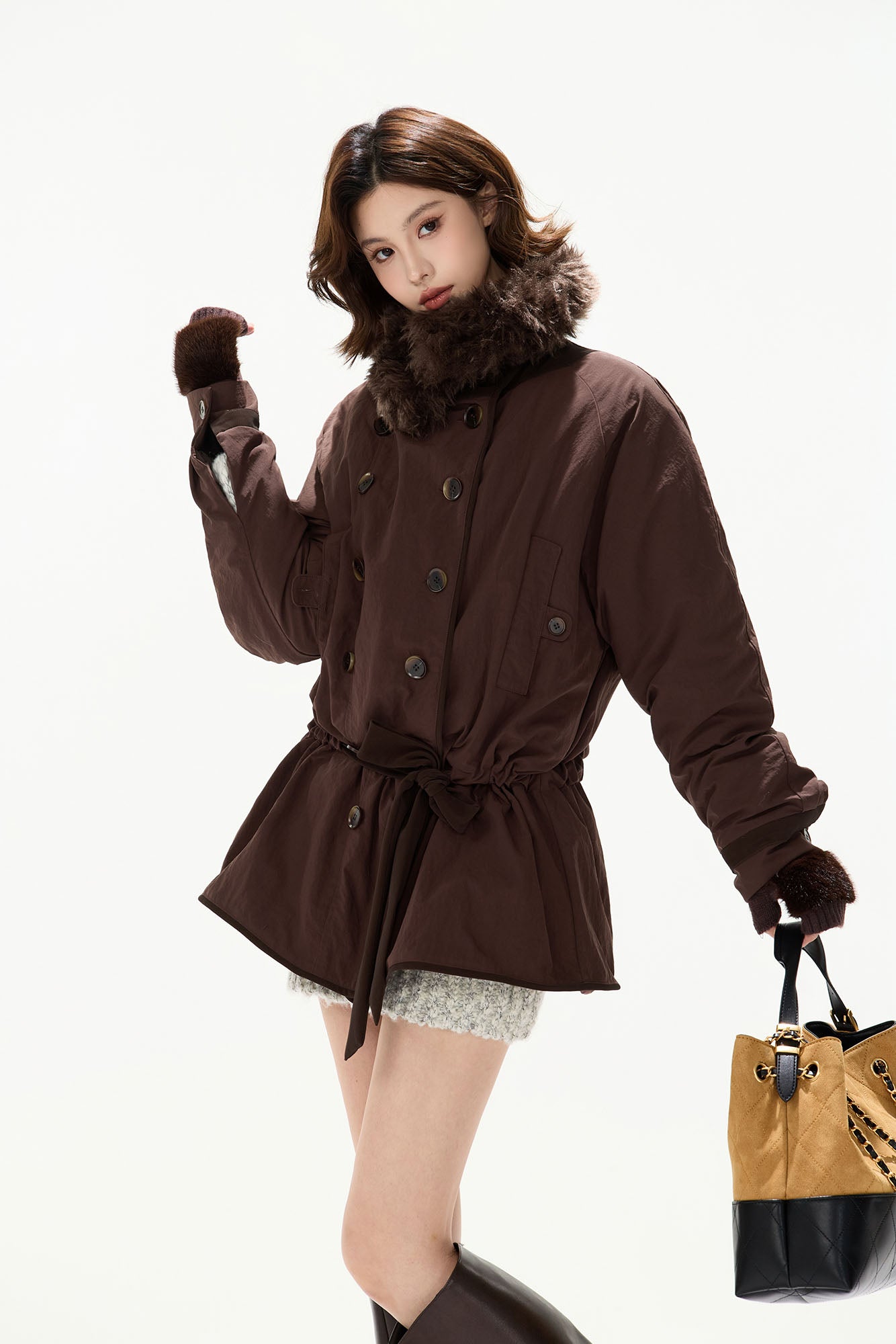CYNR Detachable Faux-Fur Collar Belted Utility Puffer Jacket