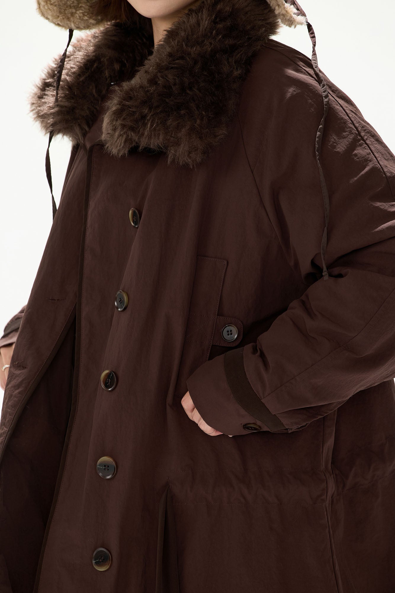 CYGNENOYR Detachable Faux-Fur Collar Belted Utility Puffer Jacket