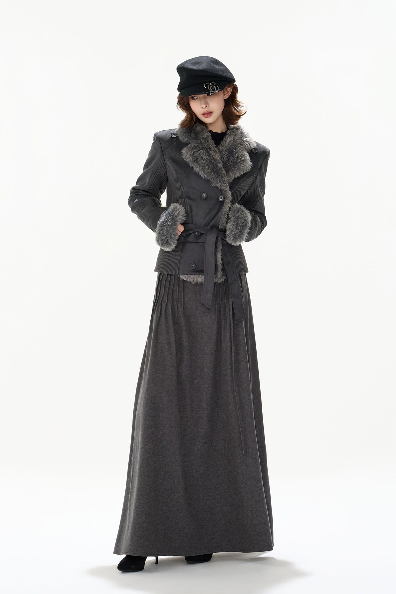 CYNR Modern Pleated Maxi Flared Skirt