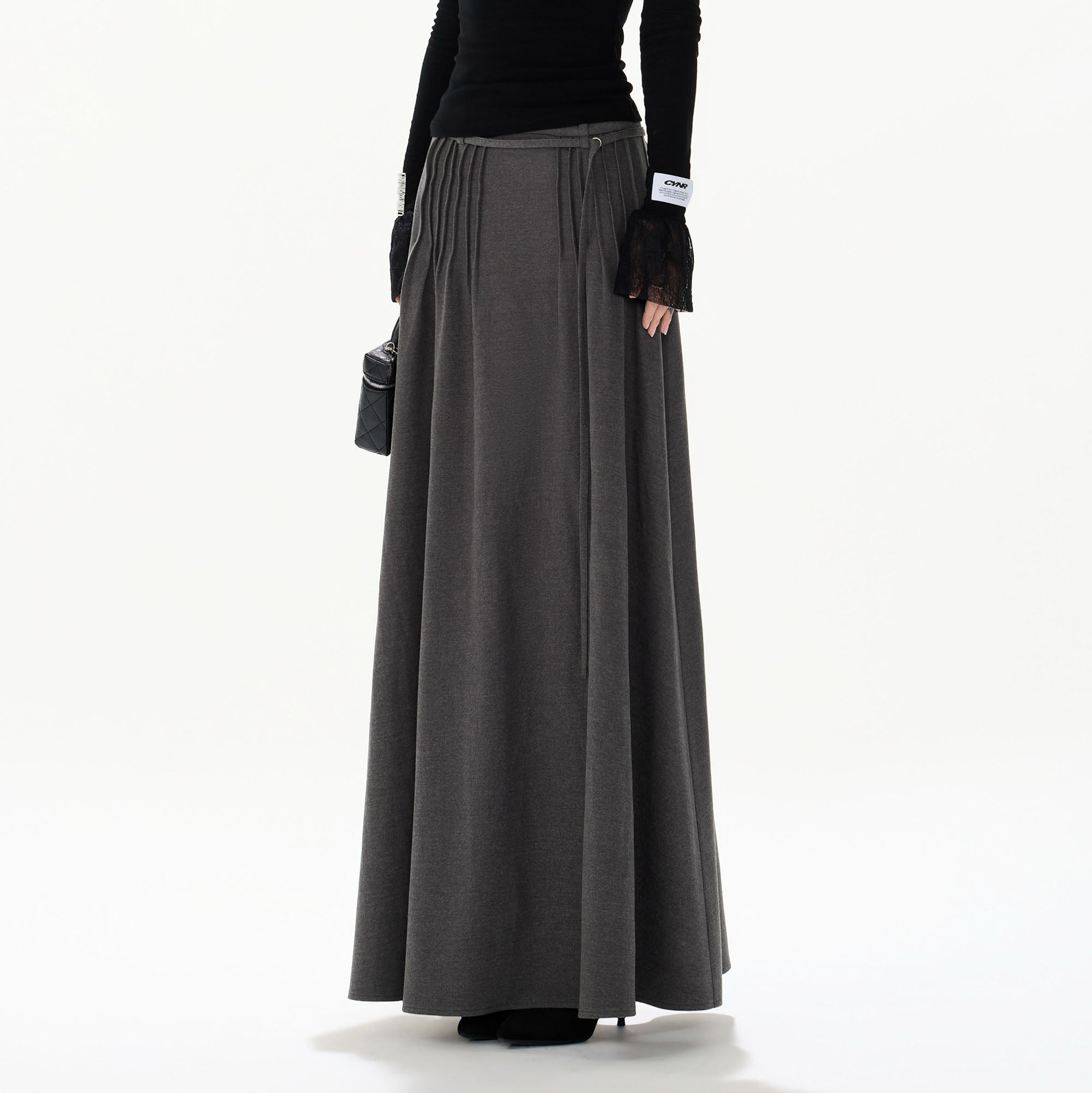 CYNR Modern Pleated Maxi Flared Skirt