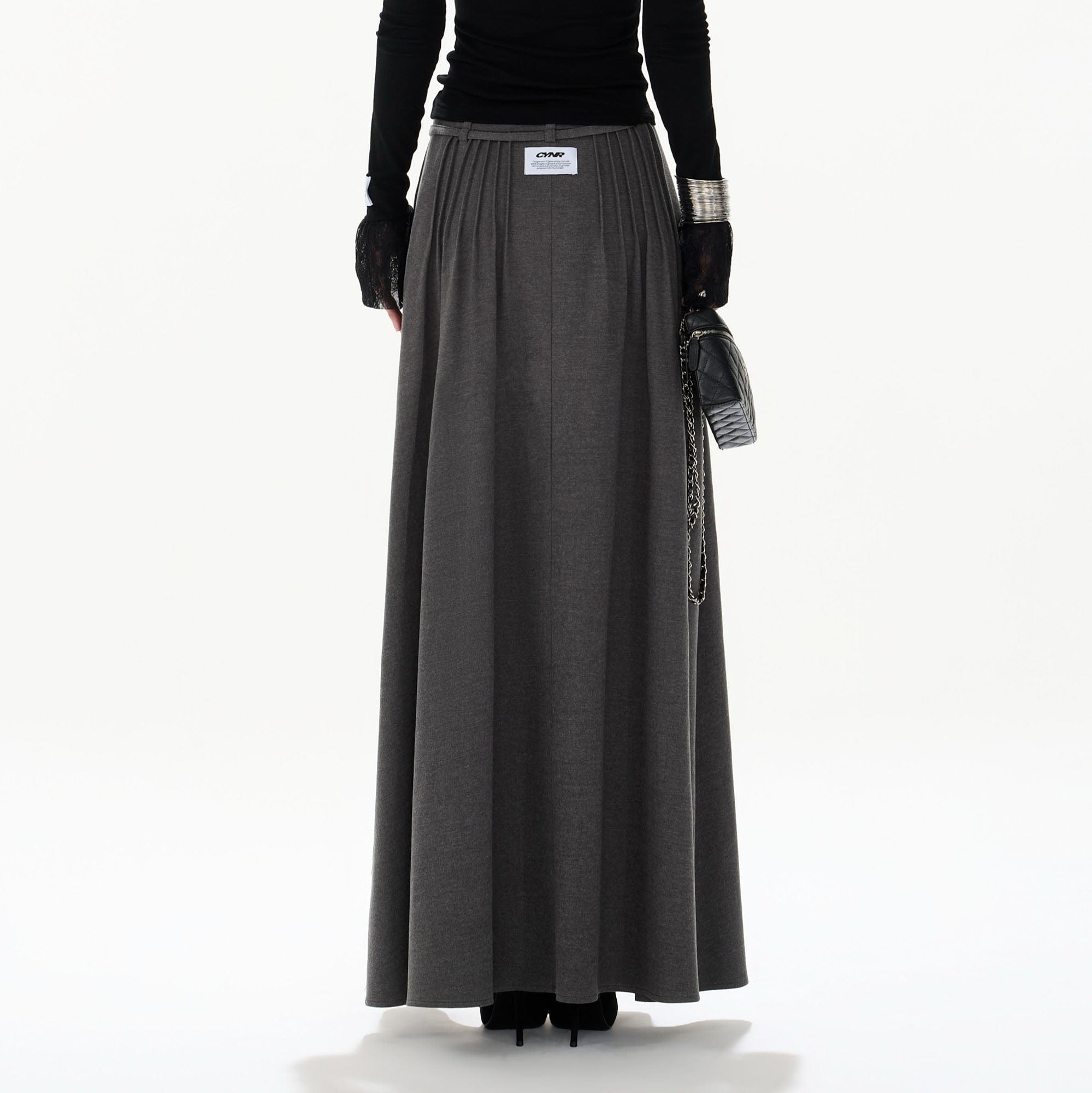 CYNR Modern Pleated Maxi Flared Skirt