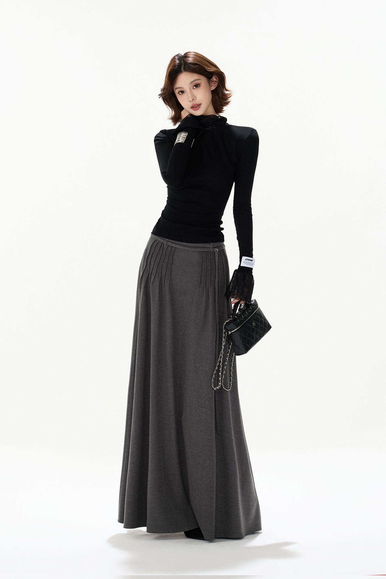 CYNR Modern Pleated Maxi Flared Skirt
