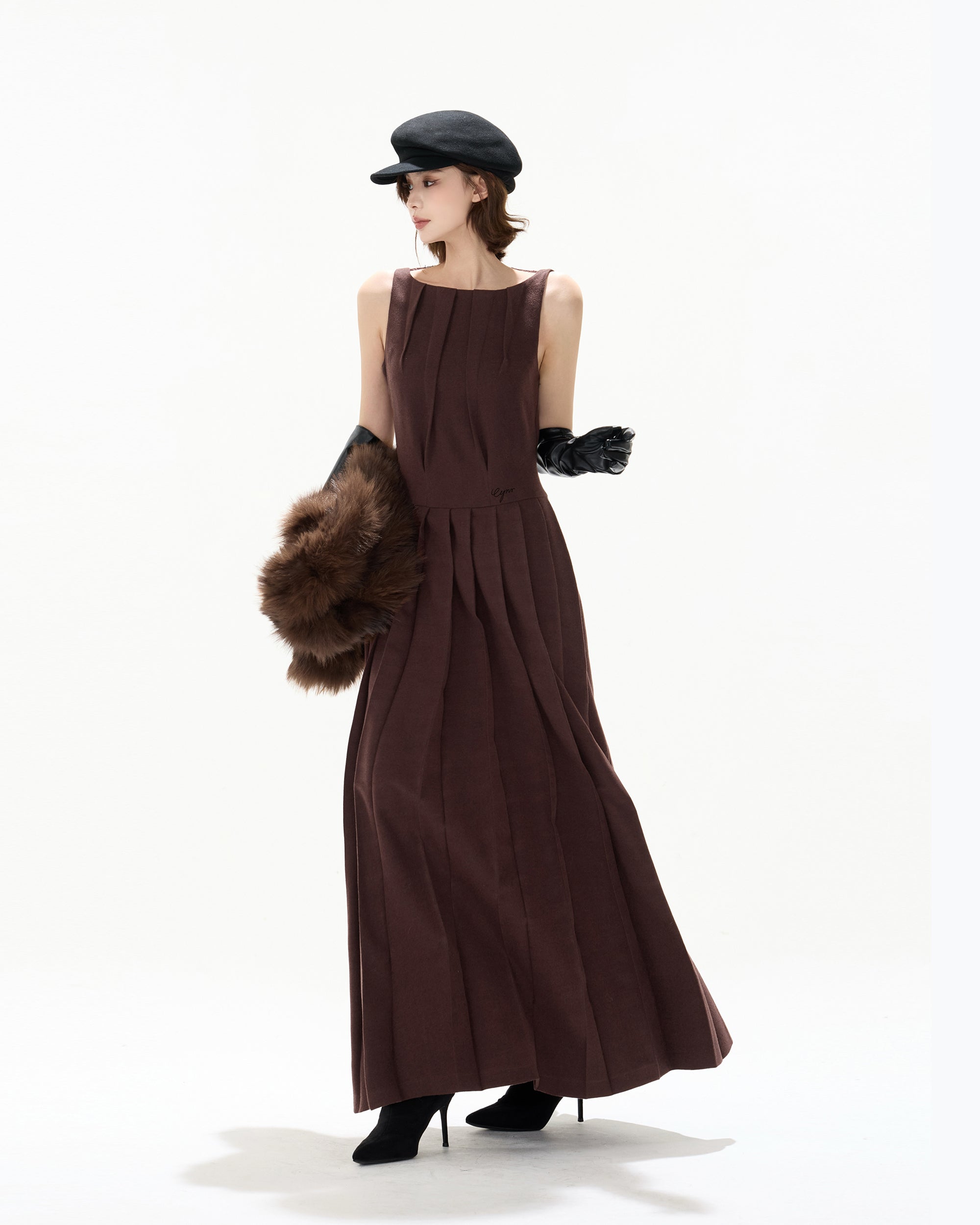 CYGNENOYR Brushed Lace-Back Pleated Maxi Dress Brown