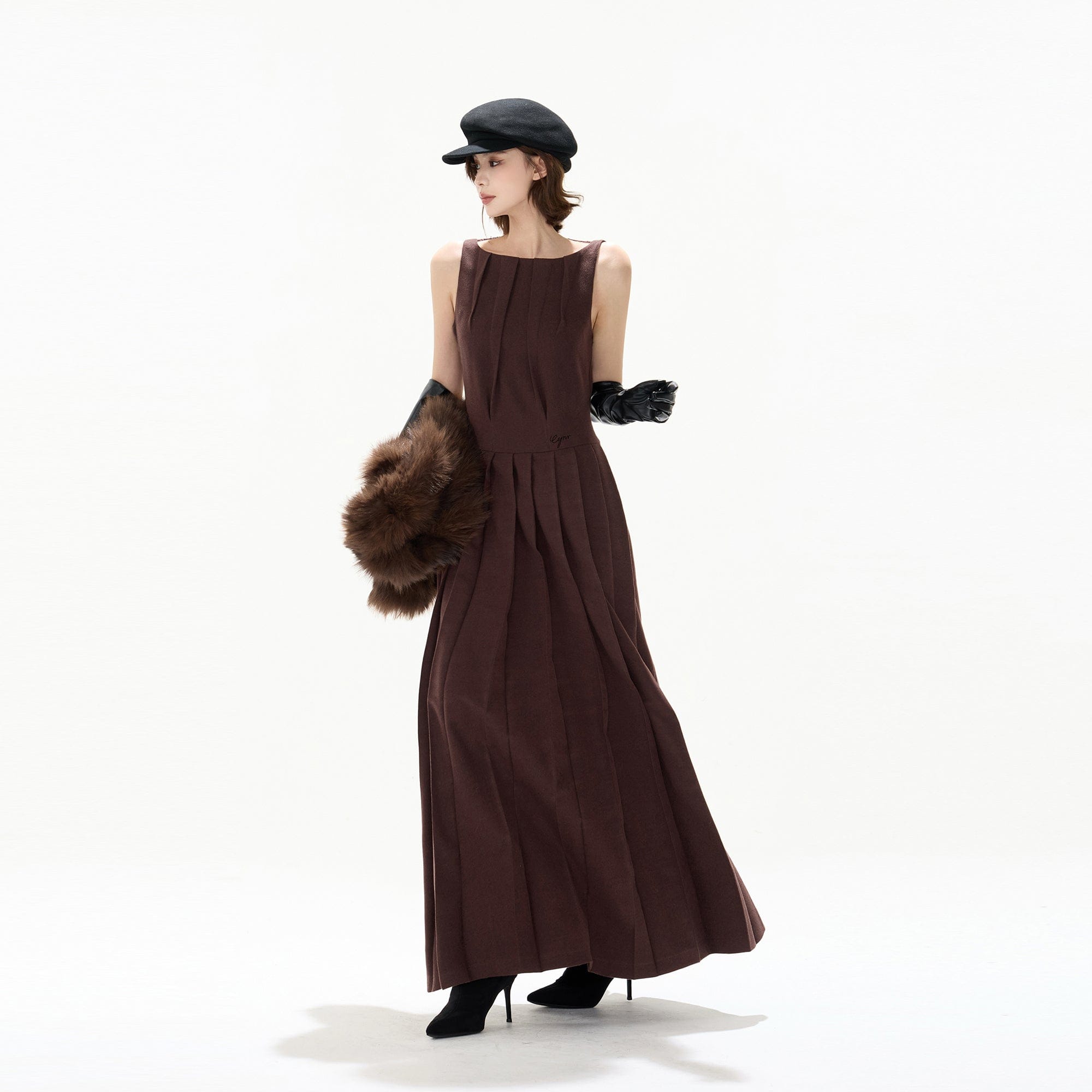 CYNR Brushed Lace-Back Pleated Maxi Dress Brown