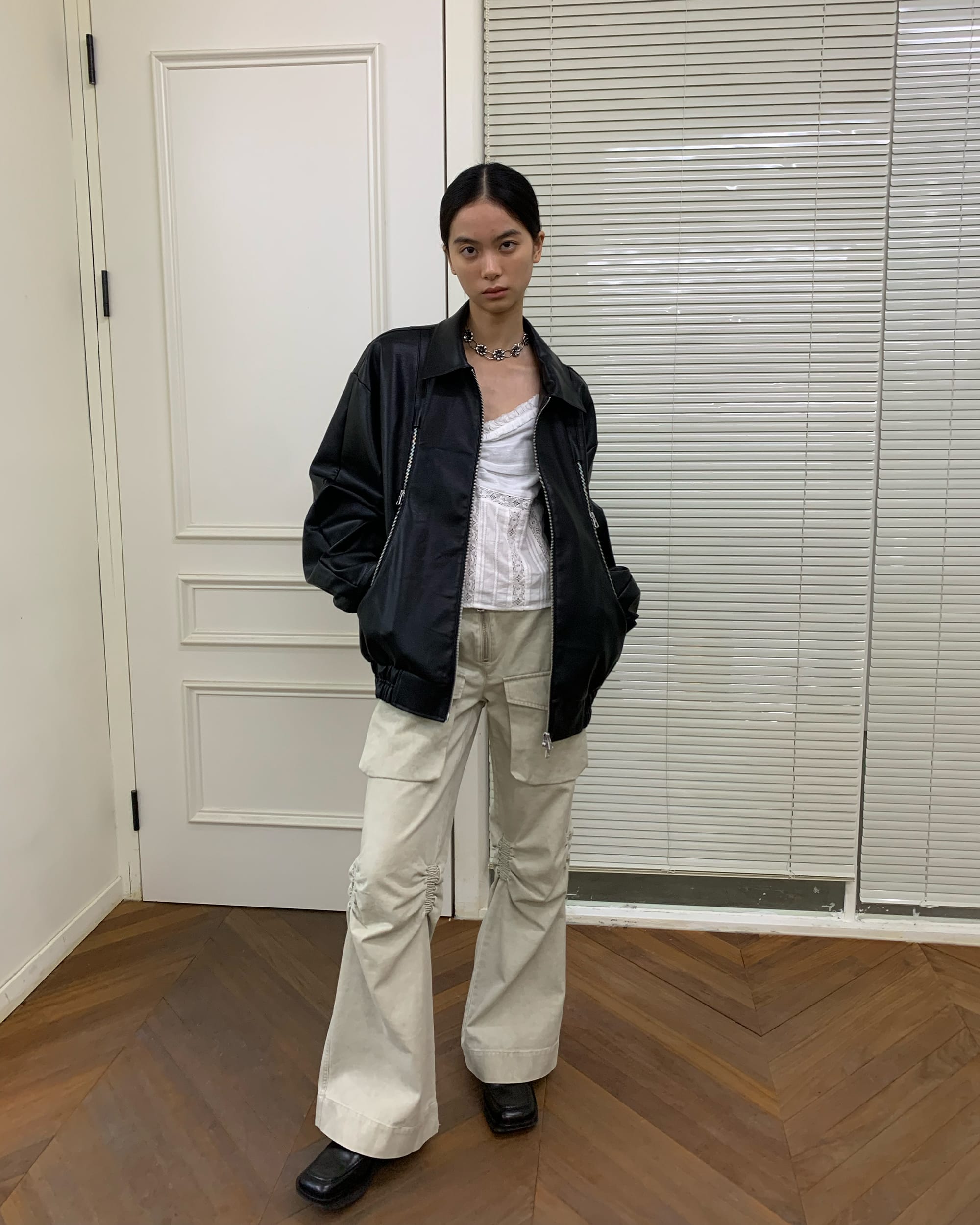NEVERSEEZ Distressed Ruched-Knee Flared Cargo Pants