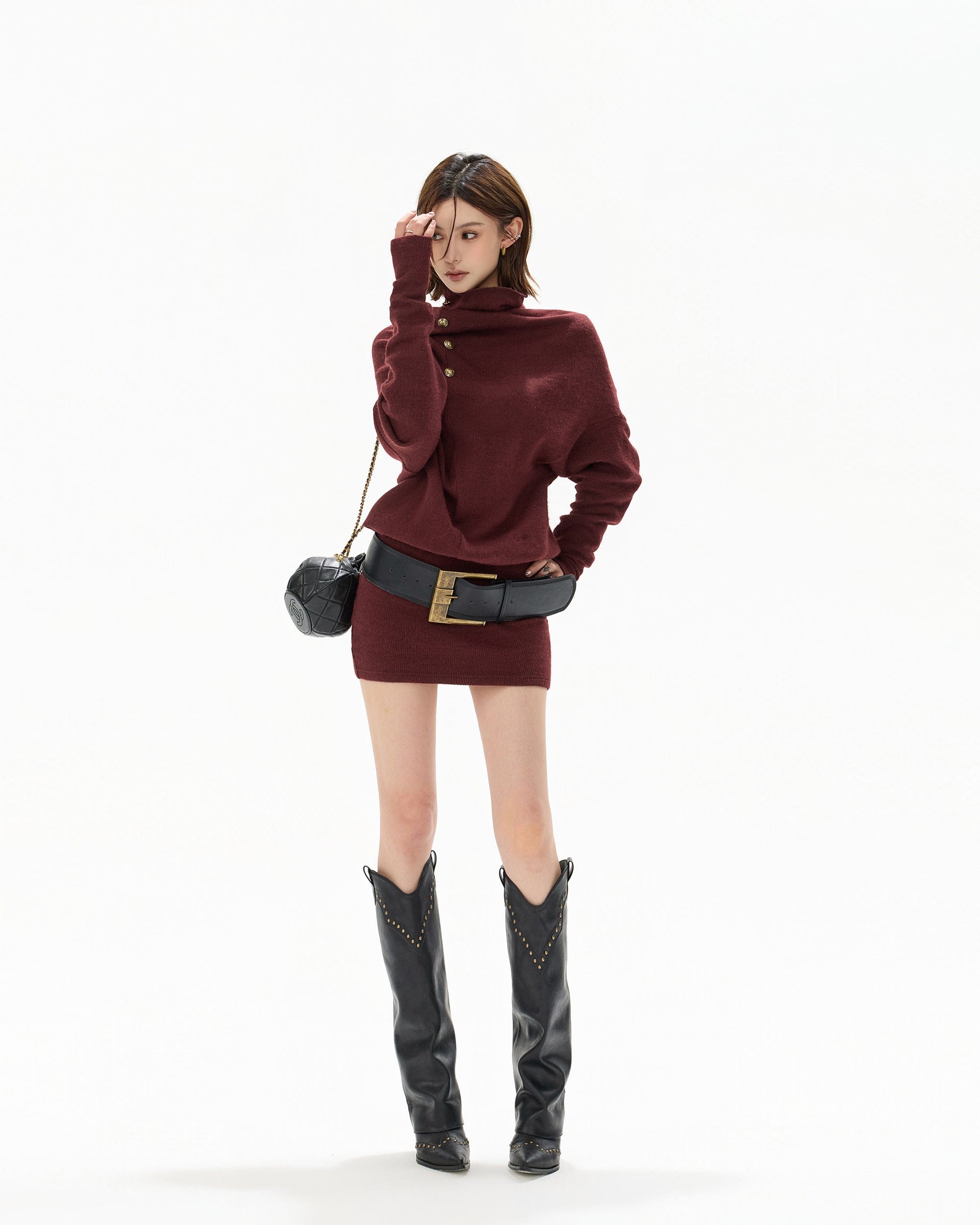 CYNR Slouch Neck Batwing Knit Dress Wine