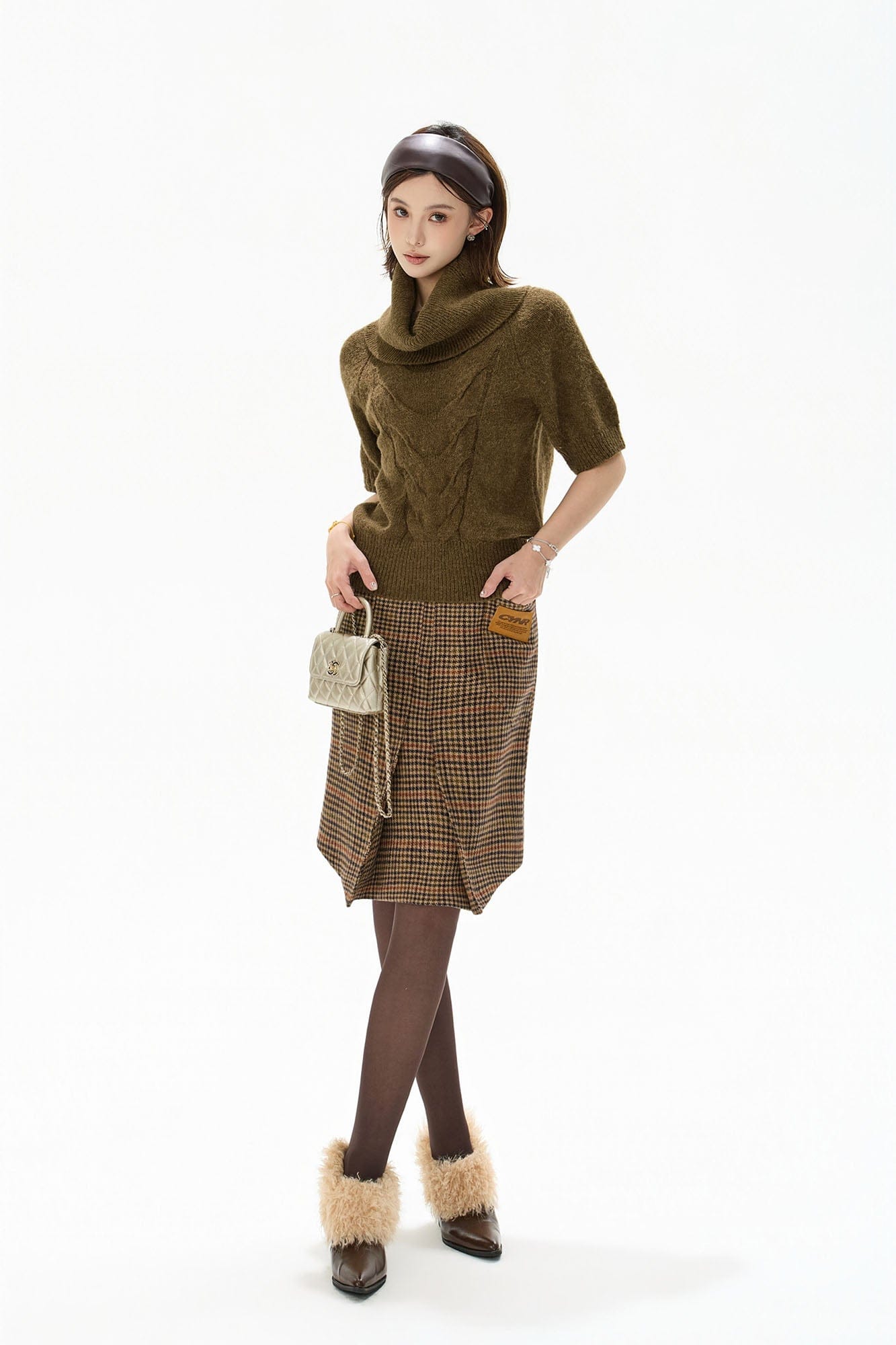 CYNR Houndstooth Pleated Asym Hem Wool-Blend Skirt